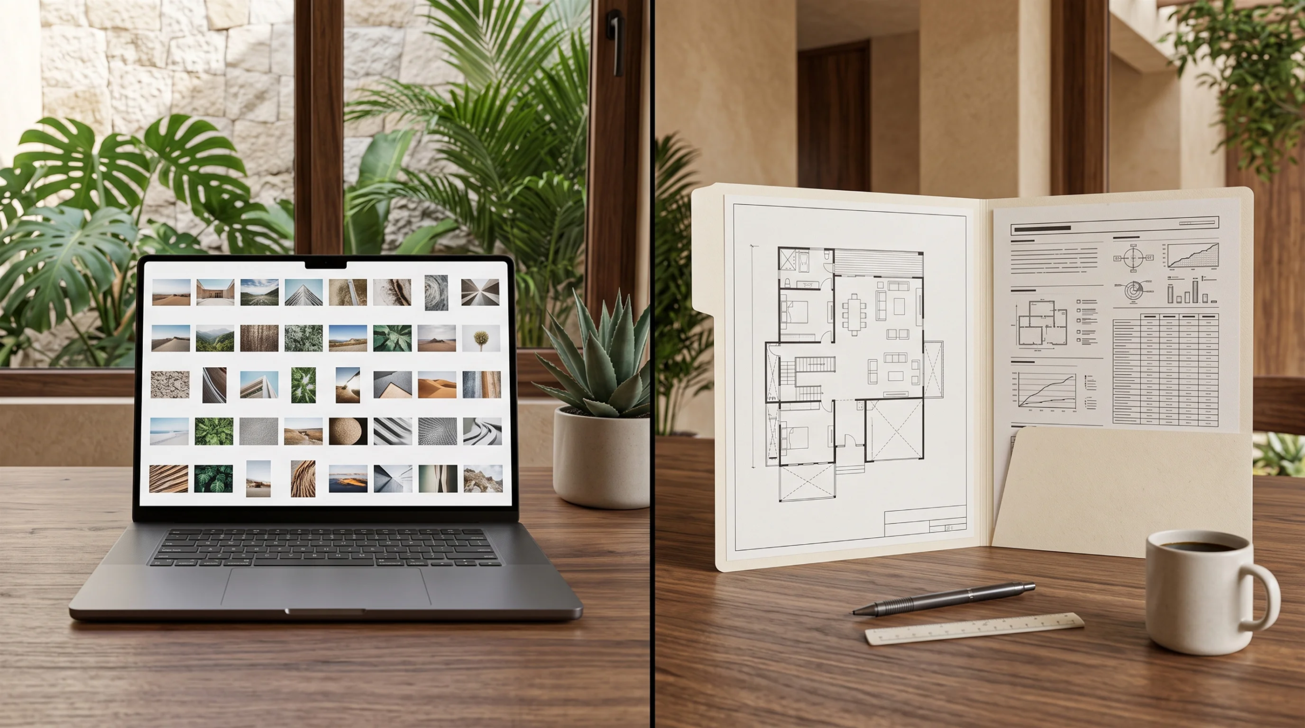 Vista de una revisión de galería de fotos digitales y tablero de inspiración de diseño en una laptop, contrastada con una carpeta arquitectónica física con esquemas de planta, tablas de datos y gráficos de rendimiento sobre un escritorio de nogal, junto con la verificación de documentación y distribución del sitio, representando la metodología de diseño híbrida y el rigor analítico de RBA Residences en Zapopan.