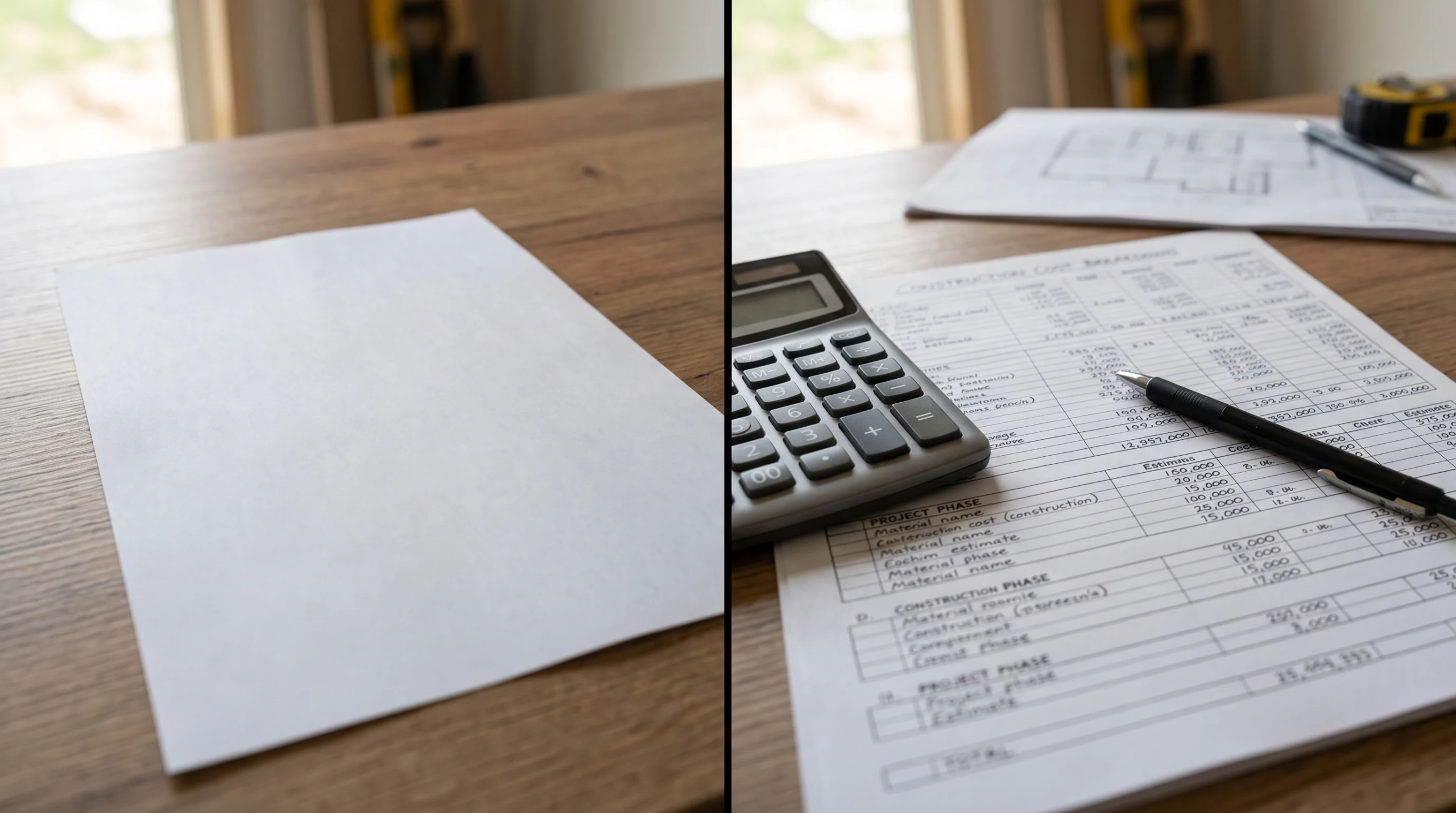 Vista de una auditoría comparativa de controles financieros en pantalla dividida, mostrando un documento de especificaciones en blanco sobre una superficie de roble natural frente a un desglose de costos de construcción totalmente detallado, con calculadora, regla de escala, pluma y esquema de planta, junto con la verificación de sincronización de estimación de costos y auditoría de fase financiera, representando la transparencia y el rigor presupuestal de RBA Residences en Zapopan.