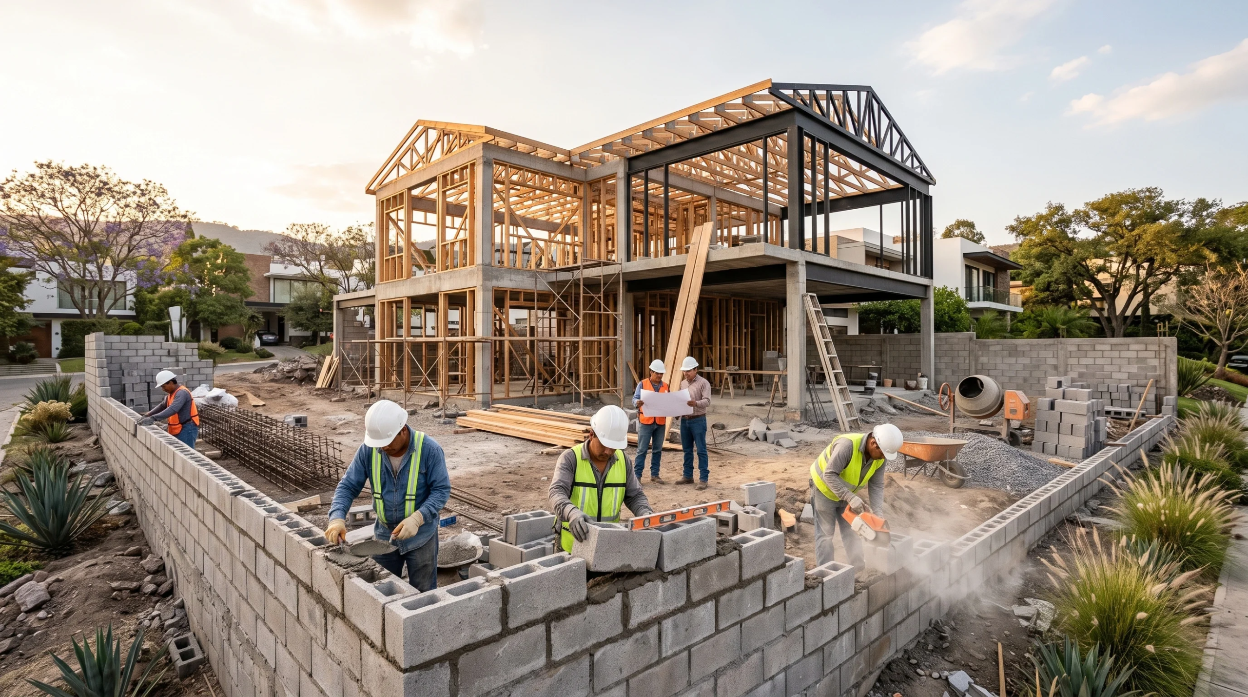Vista de una auditoría de ejecución estructural activa en obra, inspección de muro perimetral de bloque de concreto (CMU), revisión de entramado de techo con vigas de acero y madera, junto con la coordinación de oficios, seguridad en sitio y verificación de planos, representando la orquestación constructiva y el rigor de RBA Residences en Zapopan.