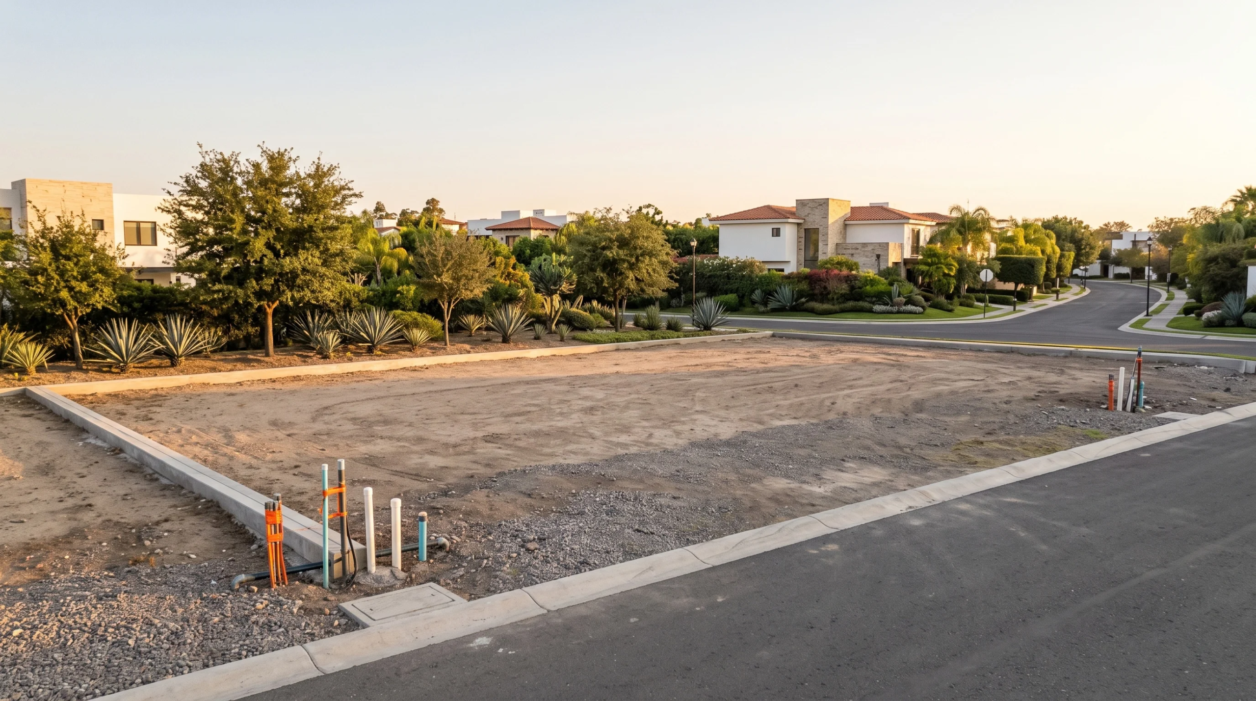 Vista de la preparación del subsuelo y auditoría de la base de límites de propiedad, inspección de nivelación de terreno de un lote residencial, junto con la verificación de conexiones de conductos de servicios públicos subterráneos y la integración con el paisaje urbano municipal, representando la preparación fundacional y la precisión en infraestructura de RBA Residences en Zapopan.