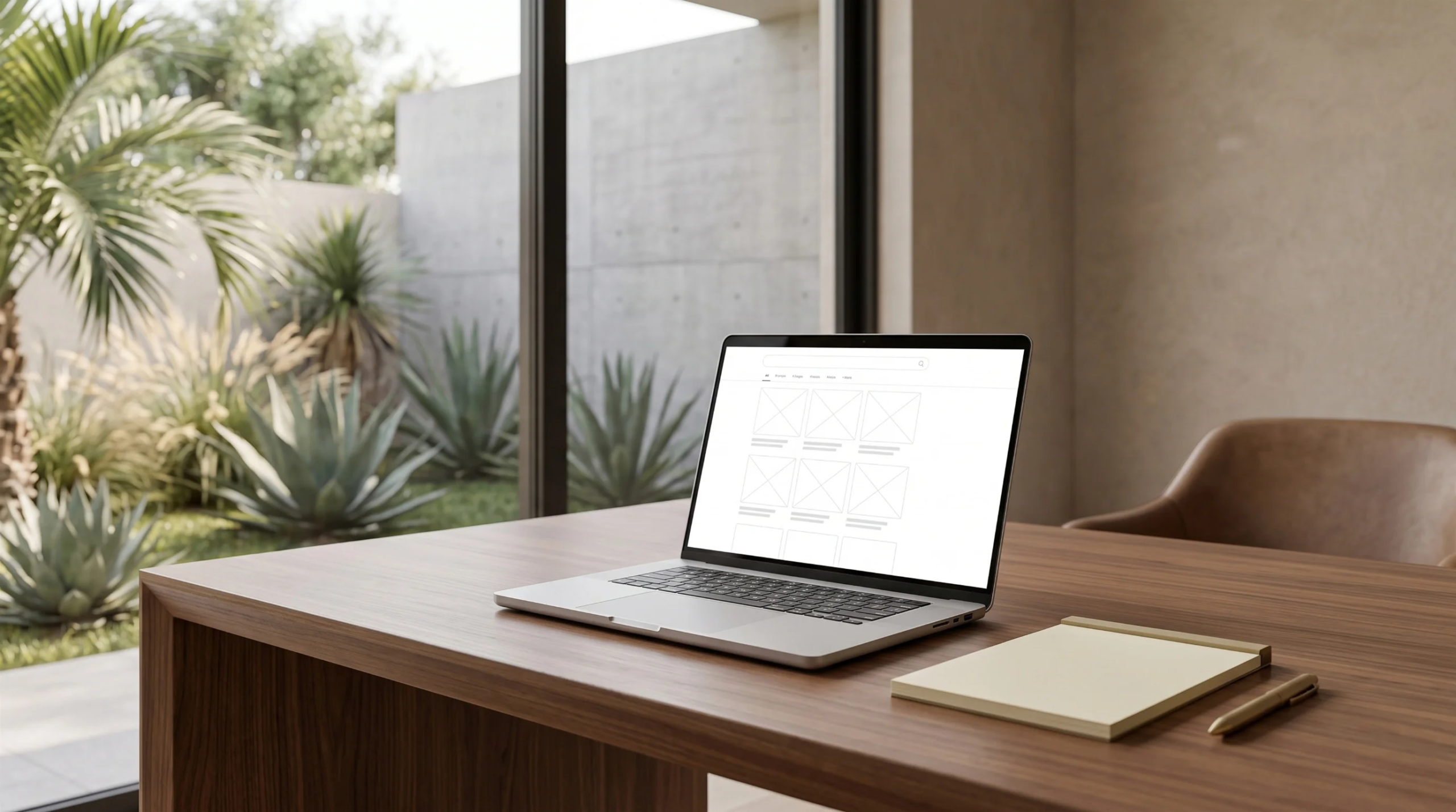 Vista de la revisión de wireframes digitales y diseño de aplicación web en una laptop sobre un escritorio de nogal a medida, junto con la auditoría de acabados de yeso interior, verificación de un muro de patio de concreto aparente con vista a flora tropical y sincronización de documentos de sitio, representando la sinergia digital-física y la innovación de RBA Residences en Zapopan.