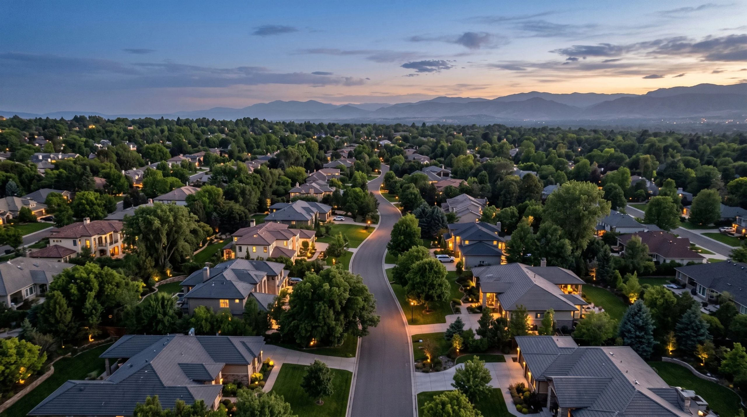 Vista aérea al atardecer de un plan maestro topográfico y auditoría de desarrollo residencial, revisión de red vial arterial sinuosa, inspección de límites de parcela y restricción de altura de techos, junto con la verificación de distribución de alumbrado público municipal y retranqueos paisajísticos en las estribaciones, representando la integración nocturna y el respeto topográfico de RBA Residences en Zapopan.