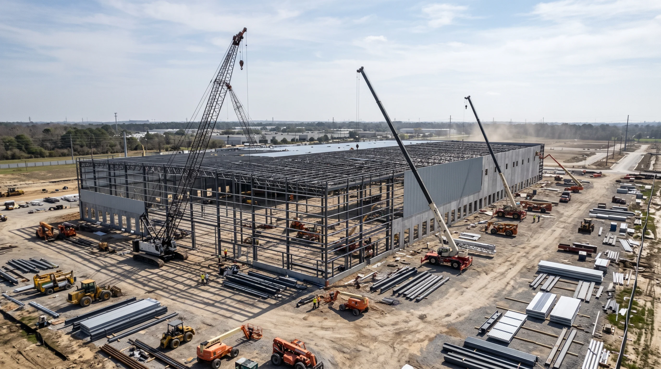 Vista de un sitio de construcción con grandes estructuras de acero, grúas pesadas y maquinaria industrial, representando la capacidad de ingeniería robusta y la precisión a gran escala de RBA Residences en Zapopan.