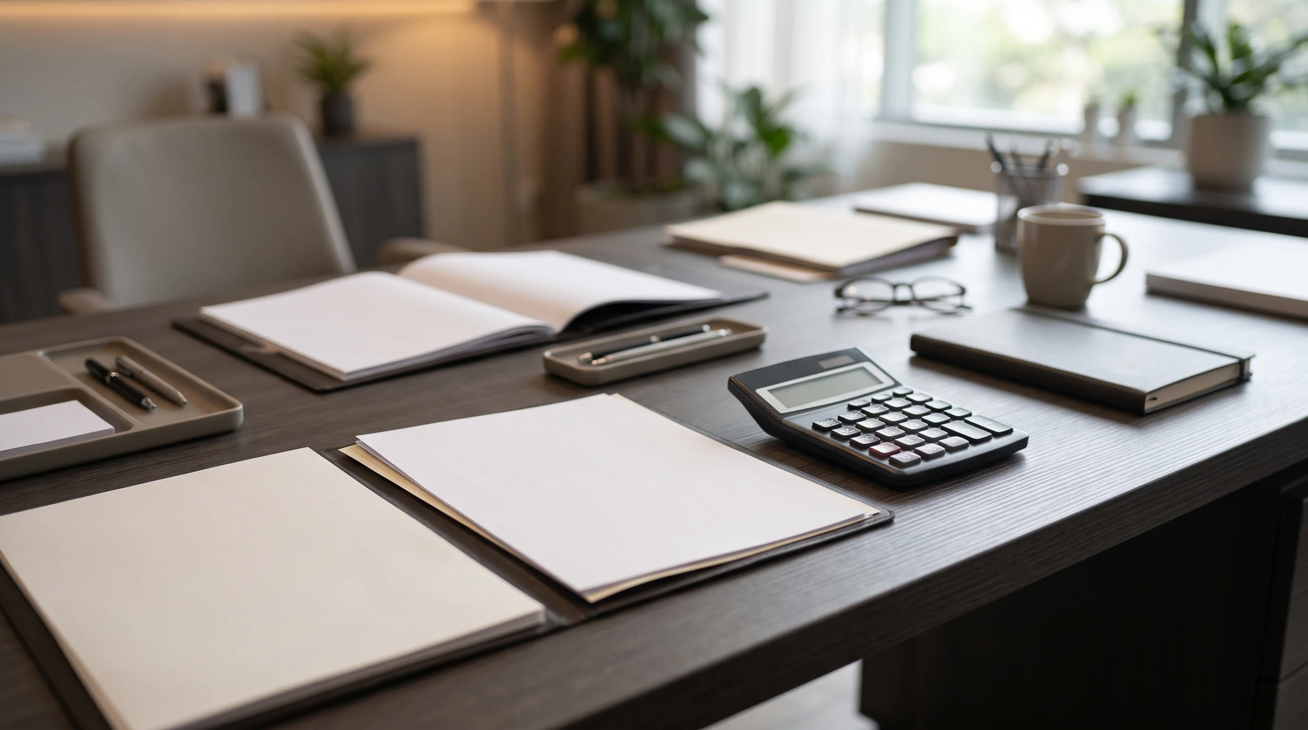 Vista de un escritorio de oficina organizado con documentos, cuadernos, una calculadora y una taza de café, representando la dedicación personalizada, la gestión diaria impecable y el servicio humano de RBA Residences en Zapopan.