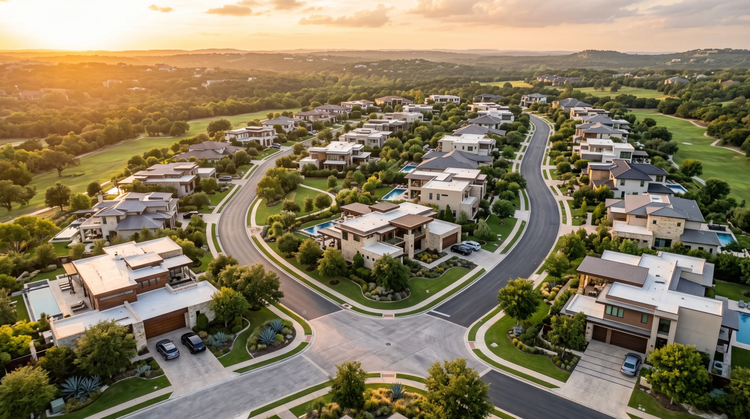 Vista aérea de una comunidad residencial de lujo planificada con casas modernas y caminos sinuosos al atardecer, representando la serenidad comunitaria y la armonía ambiental de RBA Residences en Zapopan.