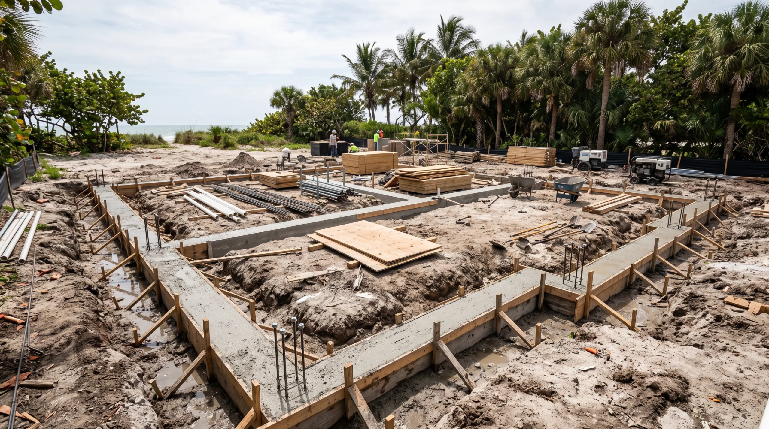 Vista de un sitio de construcción con cimientos de concreto vertido rodeados de terreno arenoso y palmeras, representando la ingeniería de cimentación resiliente y los altos estándares de construcción de RBA Residences en Zapopan.