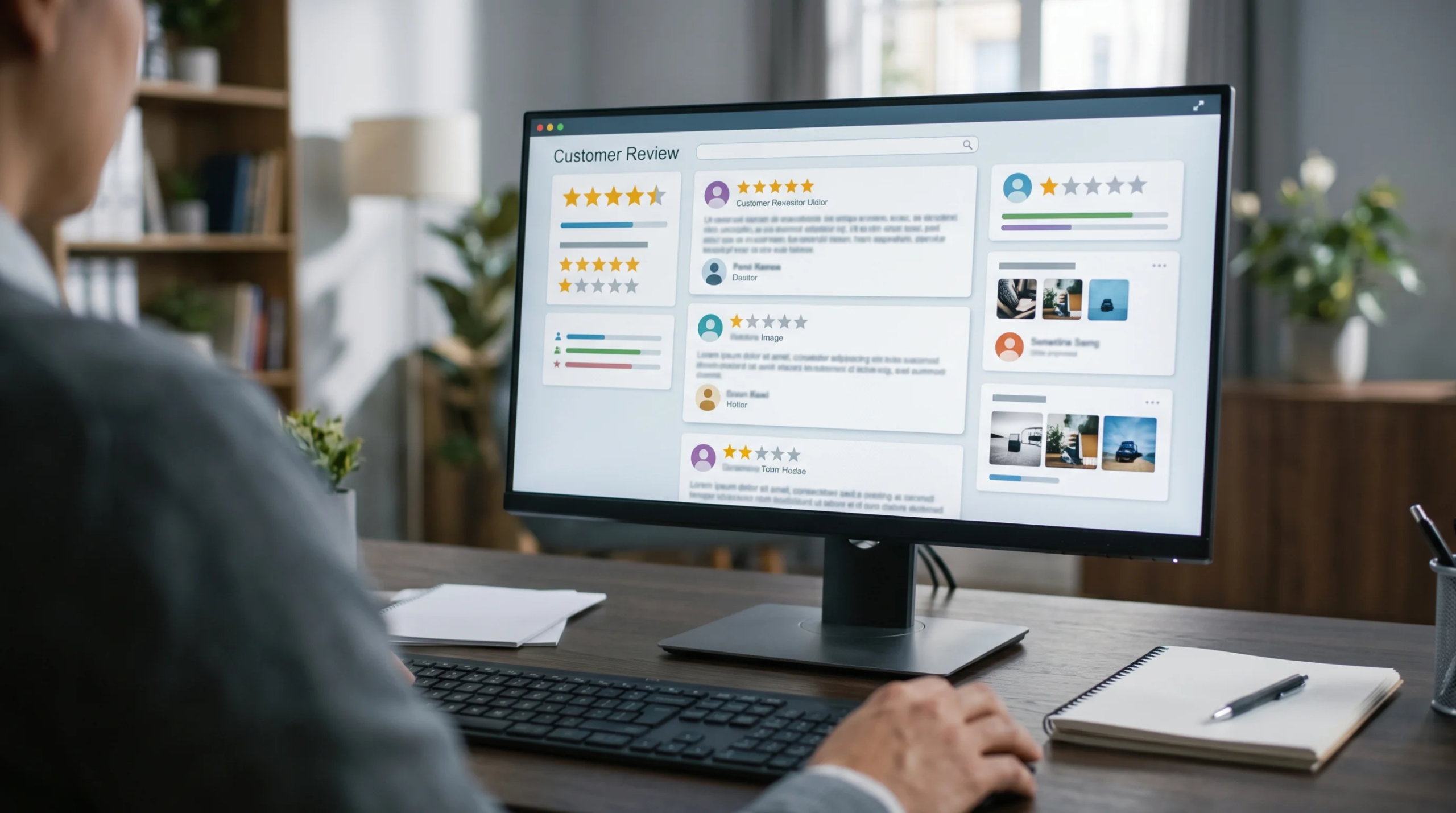 Vista de una persona analizando reseñas de clientes y calificaciones en una computadora de escritorio, representando la mejora continua y la gestión proactiva de la experiencia del cliente de RBA Residences en Zapopan.