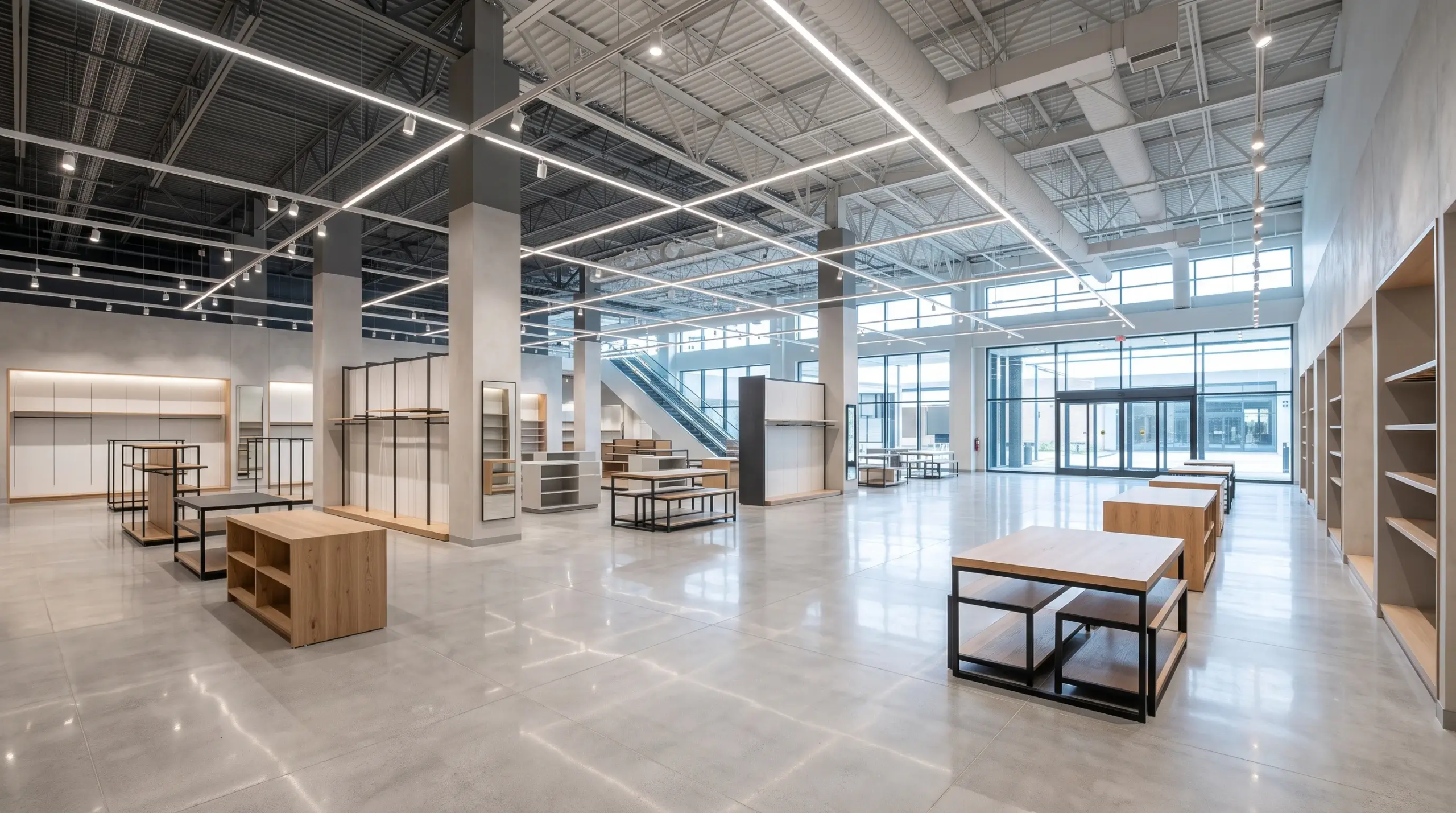 Vista de un espacioso interior moderno con pisos de concreto pulido, exhibidores minimalistas de madera e iluminación lineal en el techo, representando la experiencia sensorial y la selección curada de acabados de RBA Residences en Zapopan.
