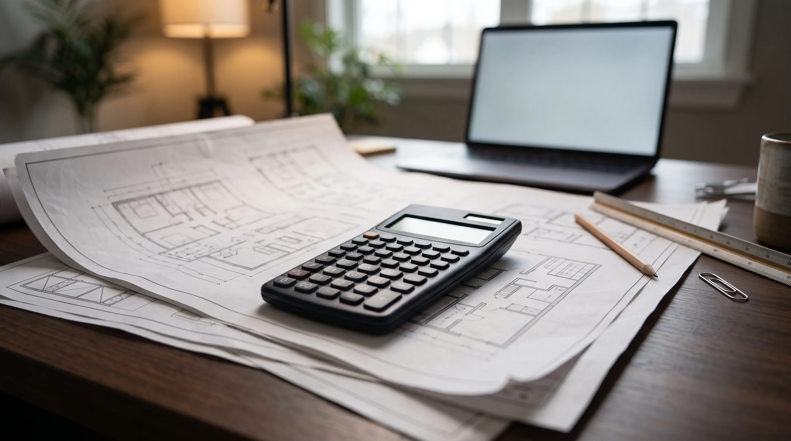 Vista de una calculadora sobre planos arquitectónicos junto a una laptop, regla y lápiz en un escritorio de madera, representando la estimación de costos precisa y la ingeniería de valor de RBA Residences en Zapopan.