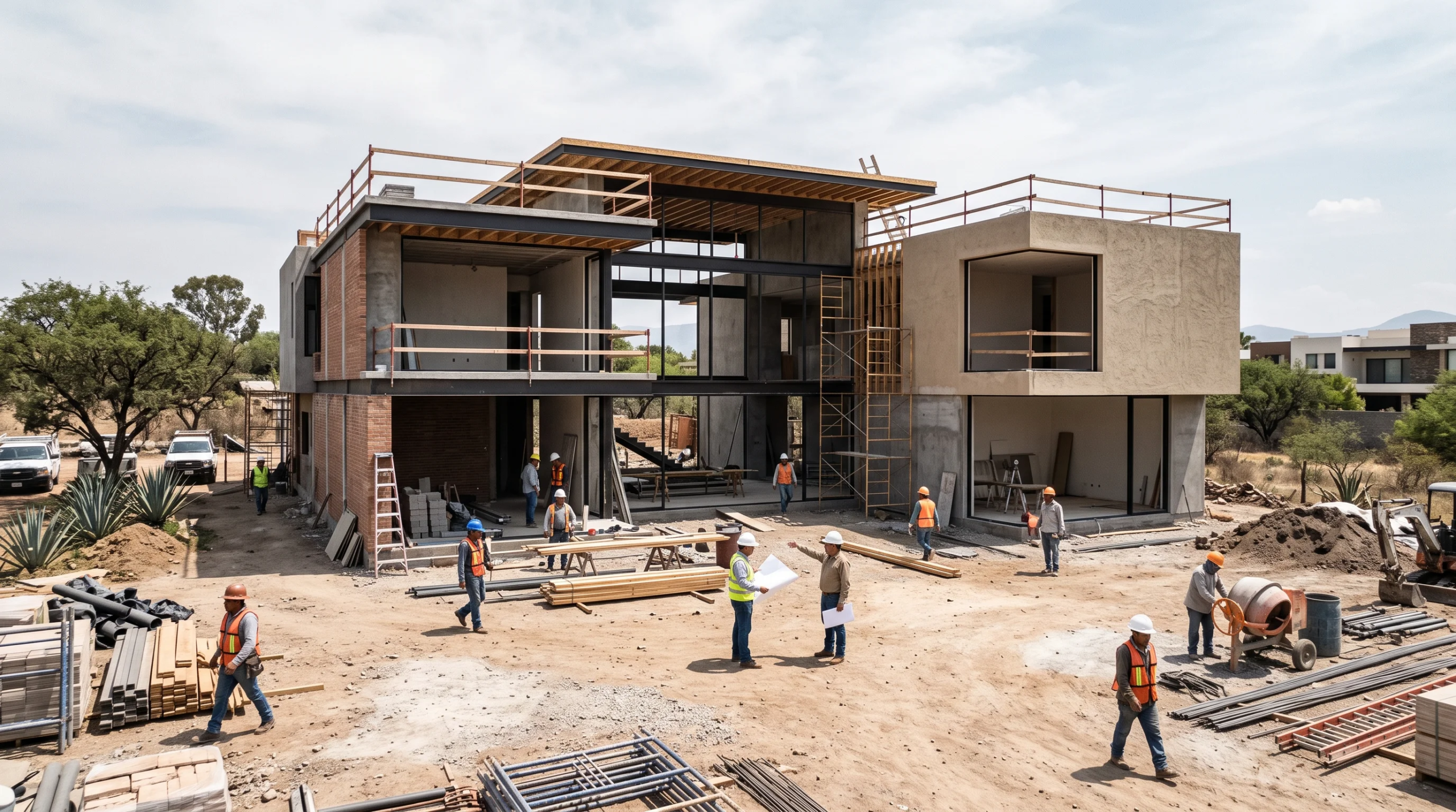 Vista de trabajadores revisando planos arquitectónicos en un sitio de construcción residencial activo, representando la sinergia constructiva y la resolución de desafíos en tiempo real de RBA Residences en Zapopan.