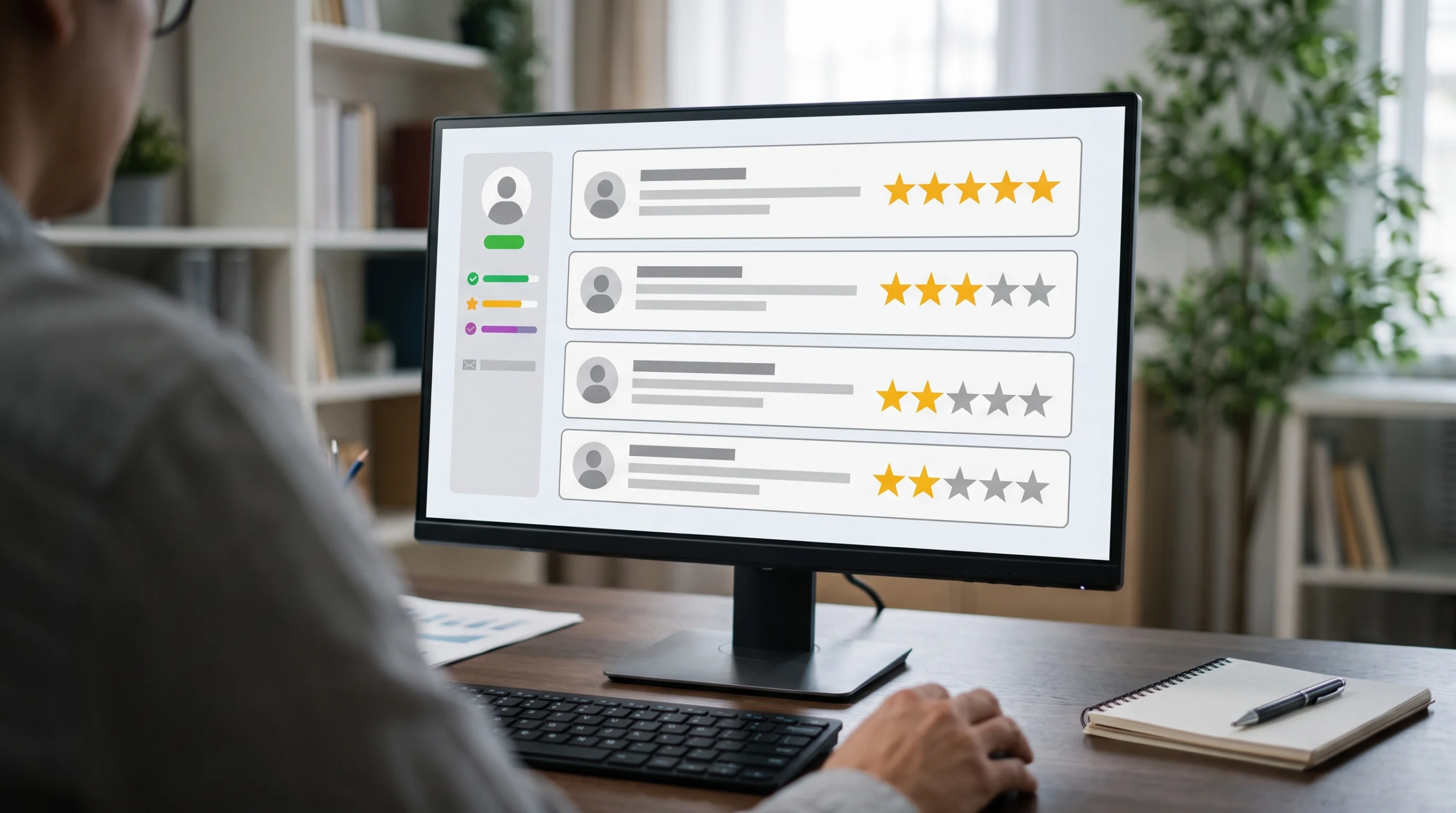 Vista de una persona revisando reseñas de clientes y calificaciones de estrellas en una computadora de escritorio, representando la comprobación social y la satisfacción verificada de los clientes de RBA Residences en Zapopan.