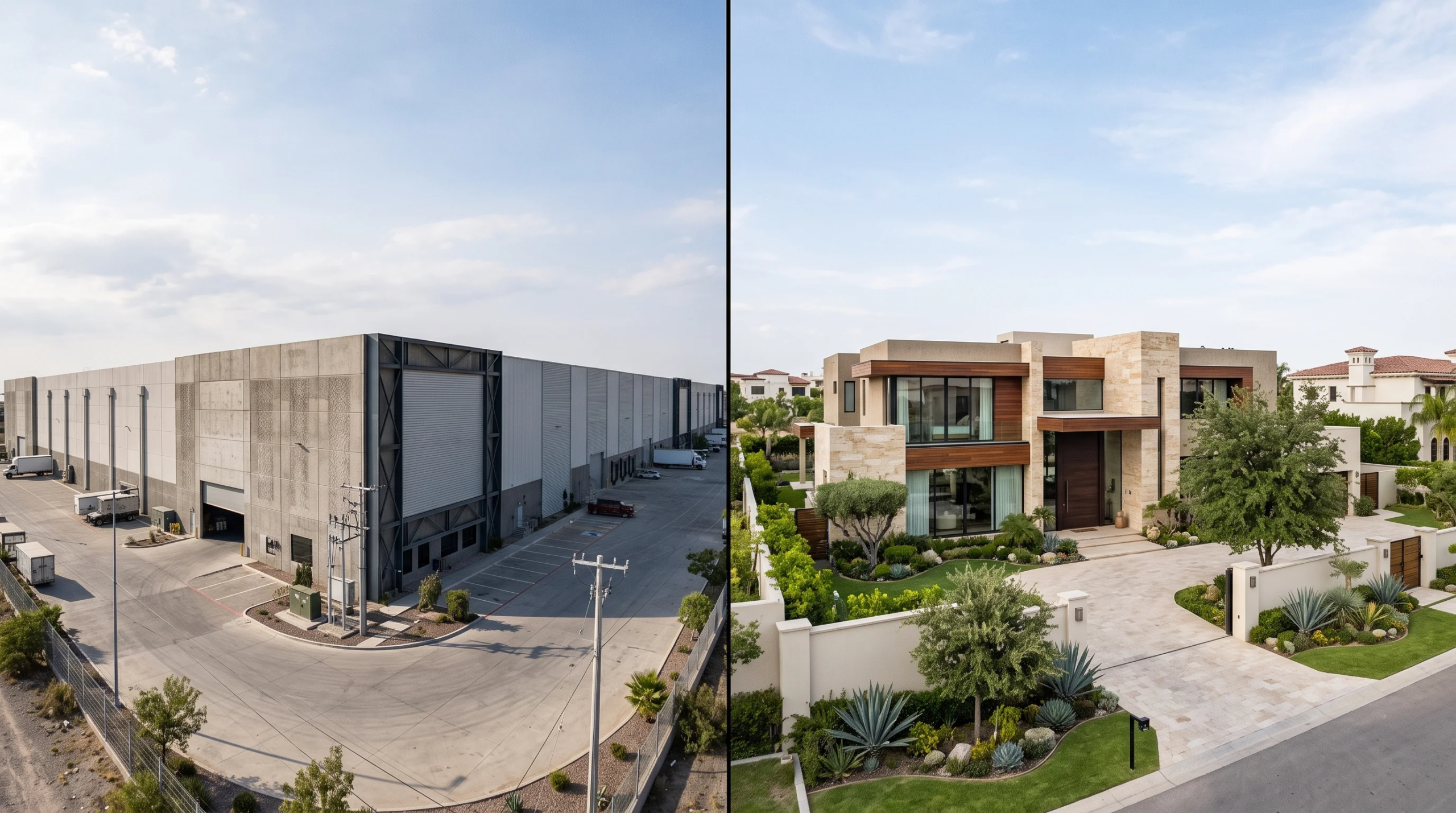 Vista comparativa entre una instalación industrial de almacén y la arquitectura de una residencia suburbana de lujo, representando el contraste arquitectónico y la elevación del estándar de vida de RBA Residences en Zapopan.