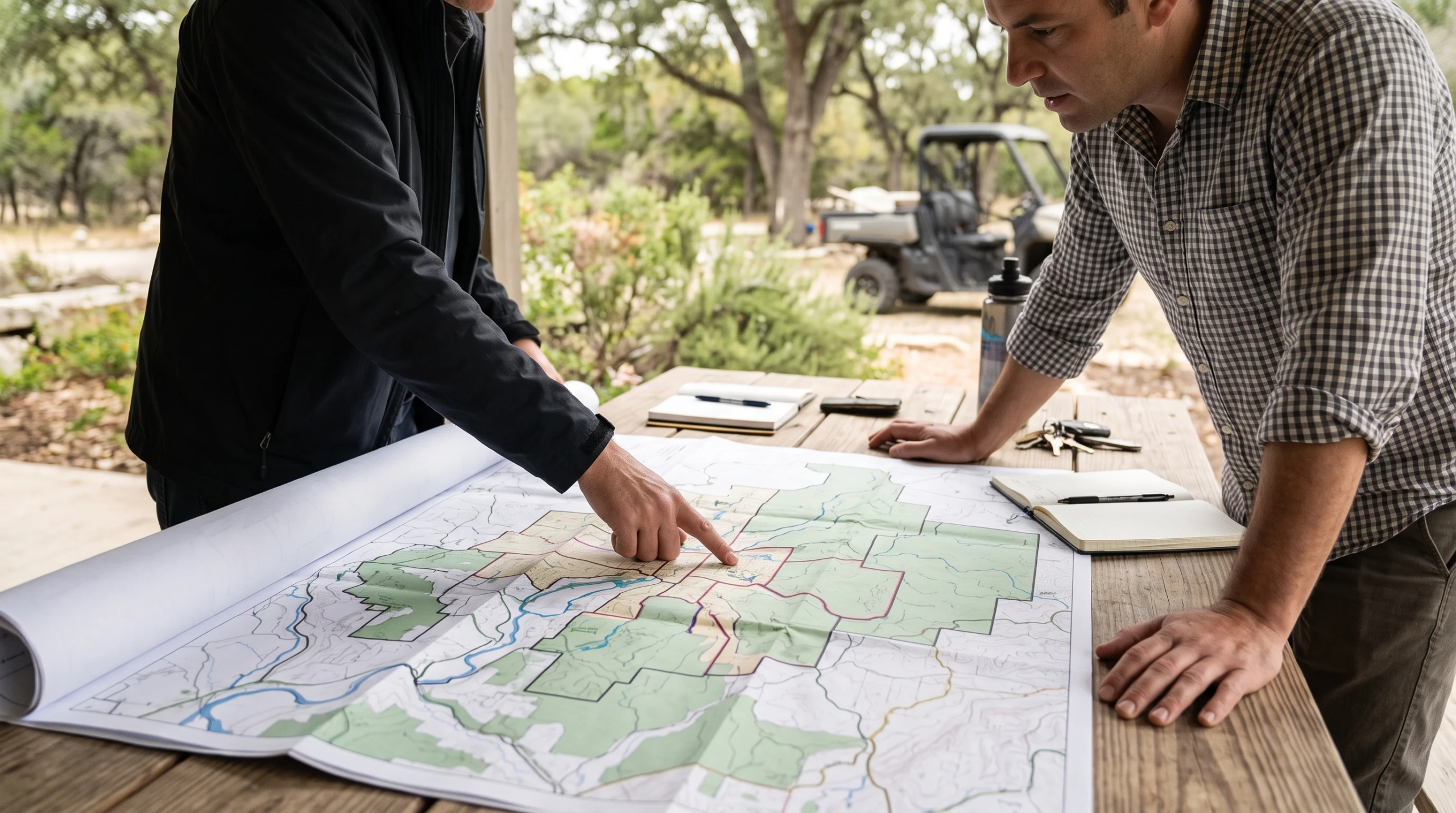 Vista de dos profesionales revisando un mapa de plan maestro al aire libre directamente sobre el terreno, representando la planificación contextual y la visión macro de RBA Residences en Zapopan.