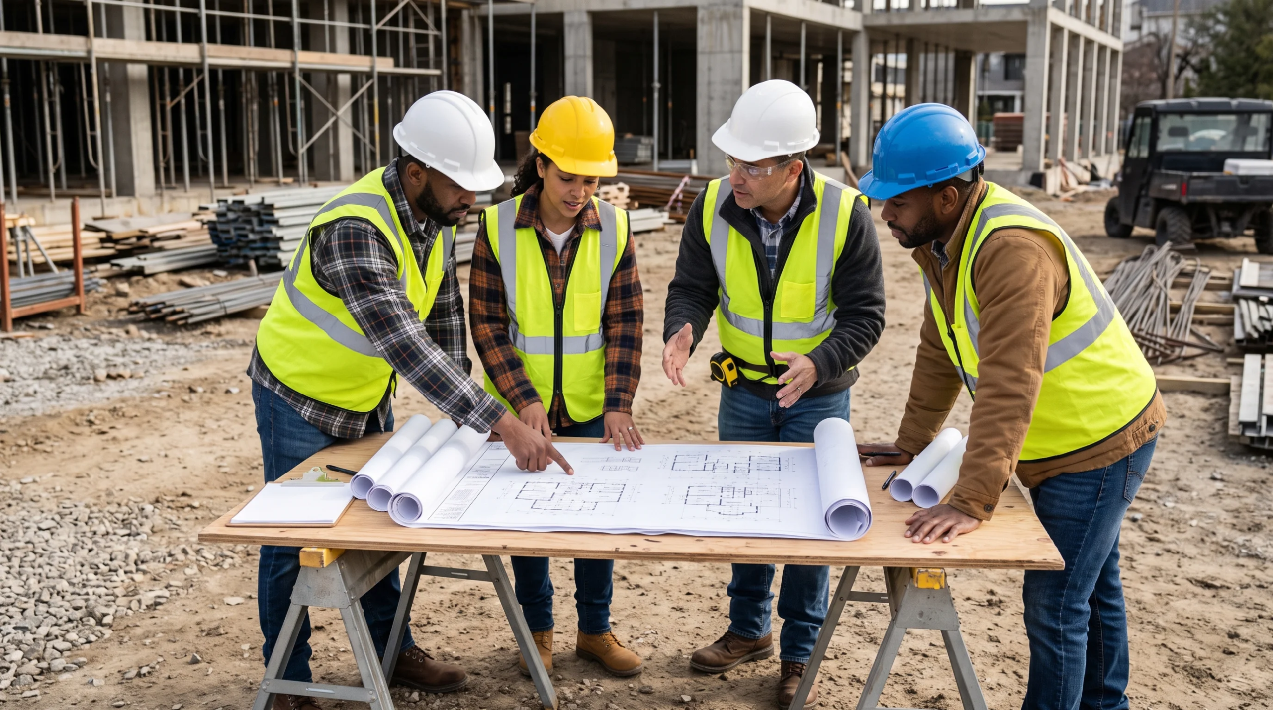 Vista de trabajadores de la construcción revisando planos arquitectónicos en un sitio de obra activo, representando la coordinación profesional y el orgullo de la mano de obra calificada de RBA Residences en Zapopan.