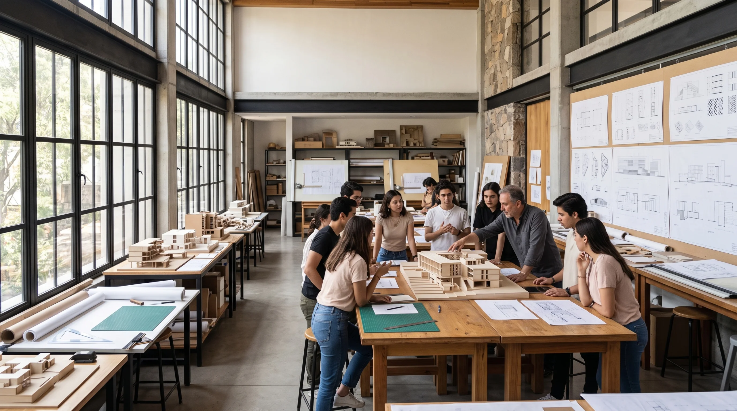 Vista de un estudio de diseño arquitectónico de planta abierta donde un arquitecto principal y un equipo de diseñadores revisan maquetas a escala, dibujos de elevación y planos esquemáticos en una mesa de trabajo de madera. El espacio de techos altos cuenta con ventanales industriales de doble altura, tableros con bocetos y estaciones dedicadas a la creación de modelos, representando la innovación colaborativa y el ecosistema creativo de RBA Residences en Zapopan.