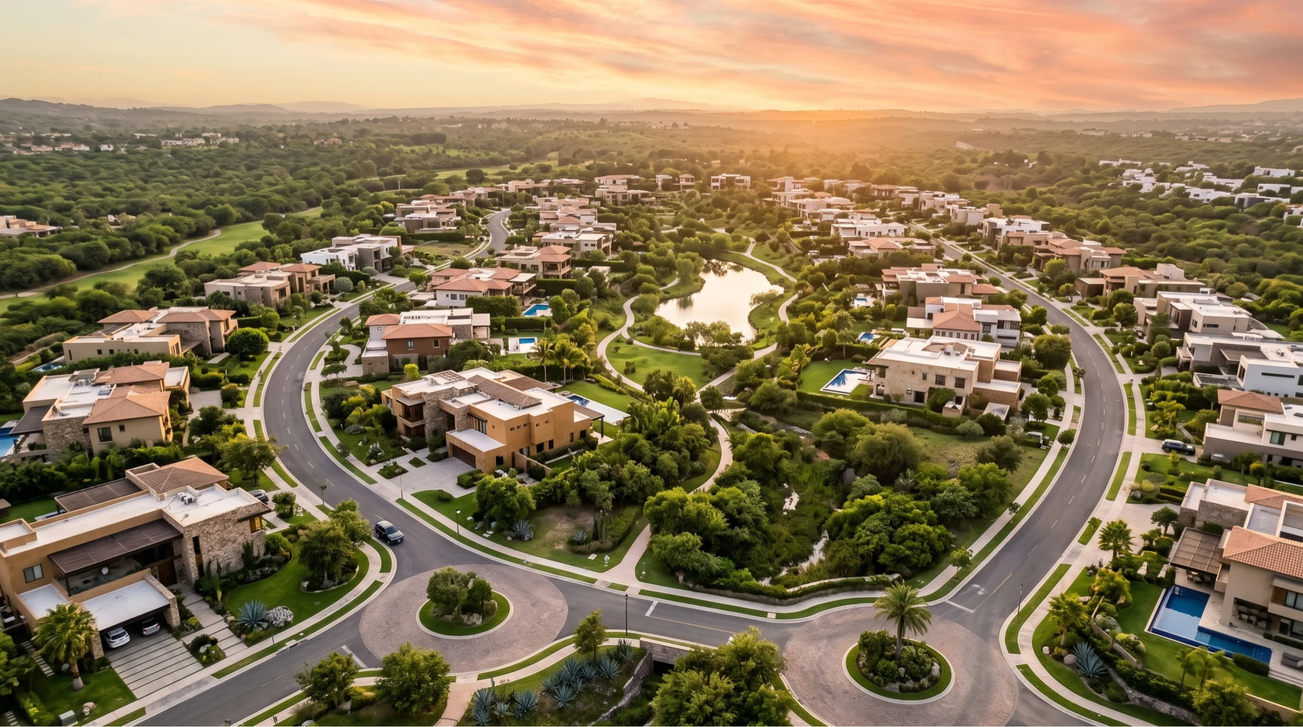 Vista aérea de una exclusiva comunidad residencial planificada rodeada de exuberante vegetación al atardecer, con caminos curvos pavimentados, villas privadas con albercas, senderos paisajísticos y un lago natural central, representando la visión de comunidad y la integración natural de RBA Residences en Zapopan.