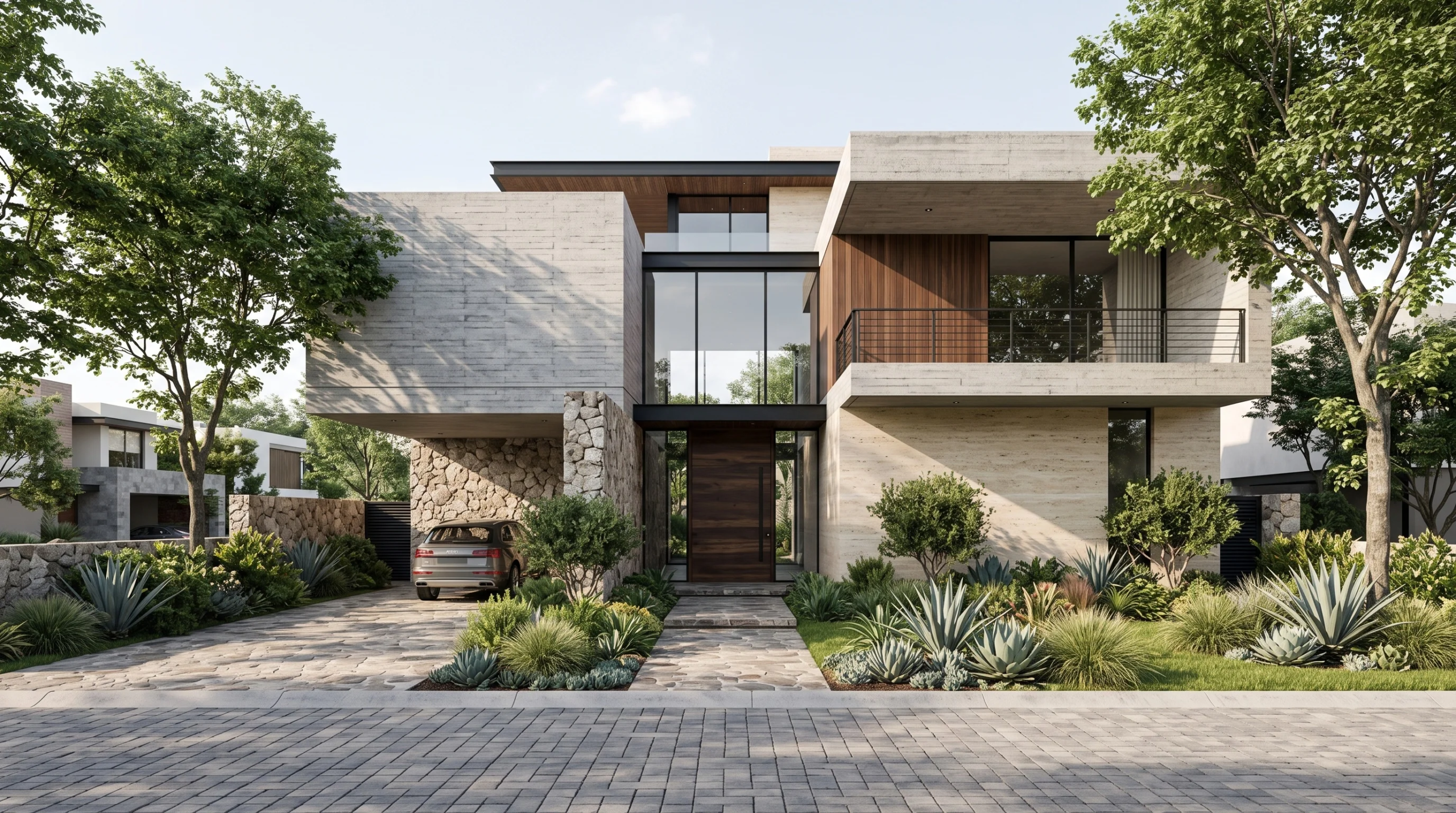 Vista frontal exterior de una residencia de lujo moderna terminada con volúmenes de concreto aparente, muros de piedra de campo rústica, revestimiento de travertino liso y paneles verticales de madera oscura. Destaca un acceso de doble altura con puerta pivotante de madera, balcones en voladizo con barandales de vidrio, iluminación de sofito cálida y jardinería con agaves y adoquines, representando el contraste material y la presencia arquitectónica de RBA Residences en Zapopan.