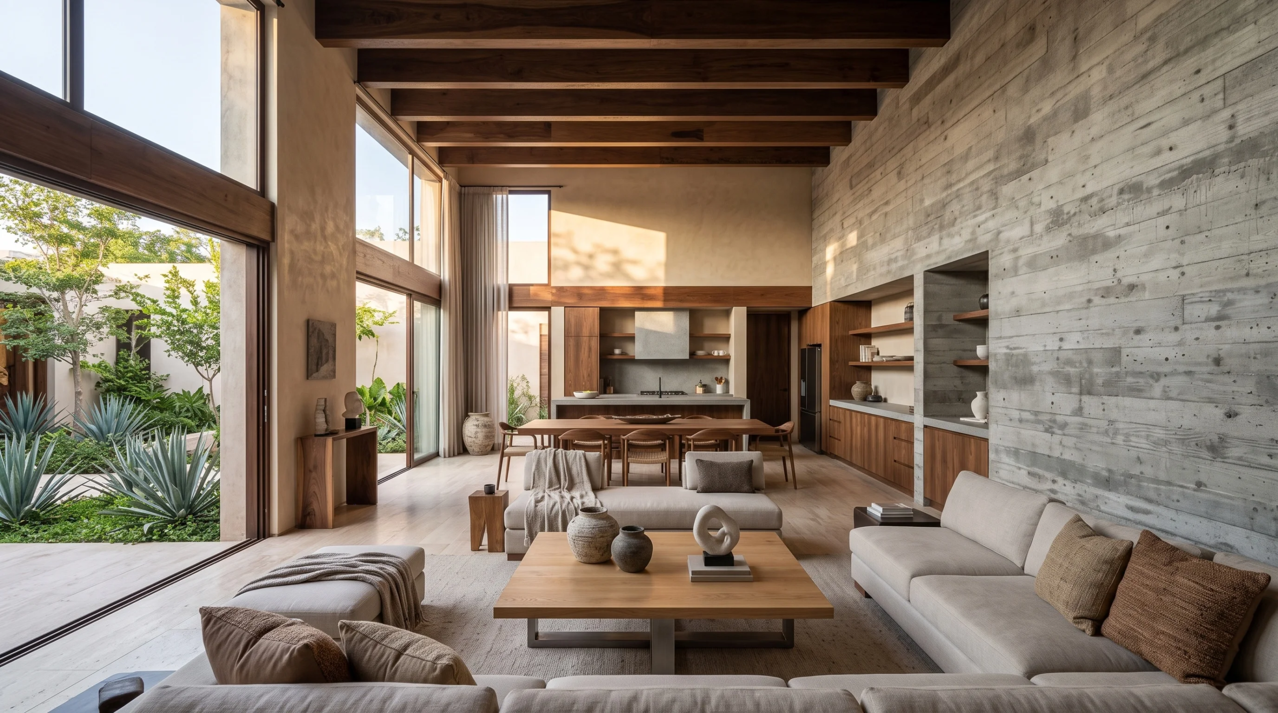 Vista interior del pabellón principal de estar y comedor de planta abierta con techos de doble altura, vigas de madera oscura expuestas, muros de yeso liso y un muro de acento de concreto aparente con gabinetes de nogal a ras y estantería empotrada. Las puertas corredizas de vidrio de piso a techo se abren a una terraza ajardinada, inundando el interior de luz natural sobre pisos pulidos neutros, representando la grandiosidad espacial y la fluidez de diseño de RBA Residences en Zapopan.