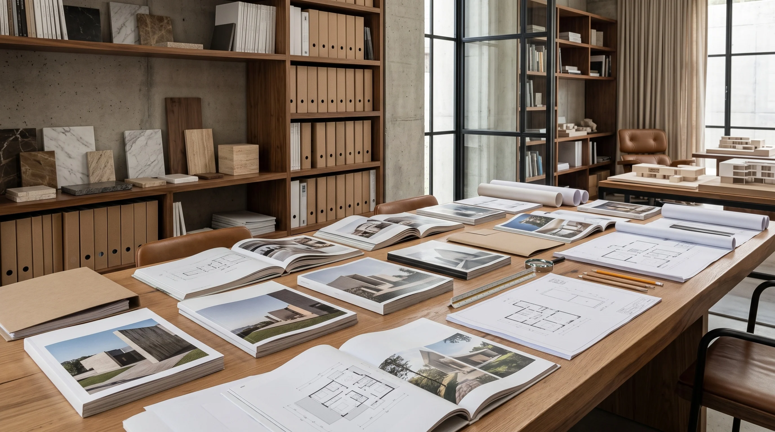 Vista de un estudio de diseño arquitectónico interior con una gran mesa de conferencias de madera con documentación de proyectos, planos técnicos, portafolios, planos enrollados y herramientas de dibujo. Estanterías de nogal integradas en un muro de concreto de fondo exhiben carpetas organizadas, muestras de materiales (mármol y chapas de madera) y maquetas a escala, representando la curaduría de materiales y la revisión sofisticada de RBA Residences en Zapopan.