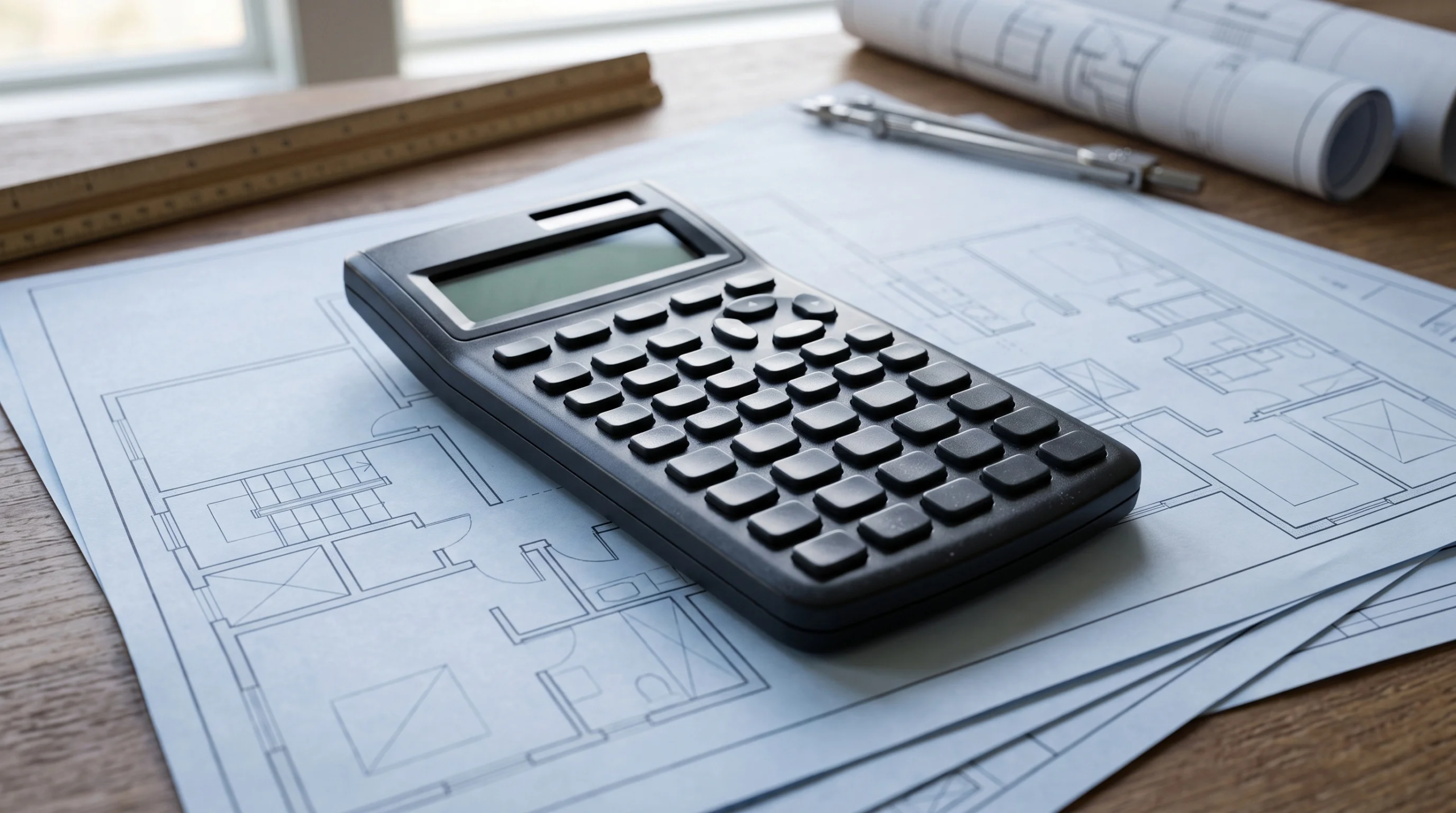 Vista en primer plano del espacio de trabajo de un arquitecto con una calculadora científica sobre planos de planta detallados y dibujos esquemáticos. Alrededor, herramientas de dibujo esenciales como un compás de precisión, un escalímetro de madera y planos enrollados sobre una superficie de escritorio de madera natural, representando el rigor analítico y la precisión matemática de RBA Residences en Zapopan.