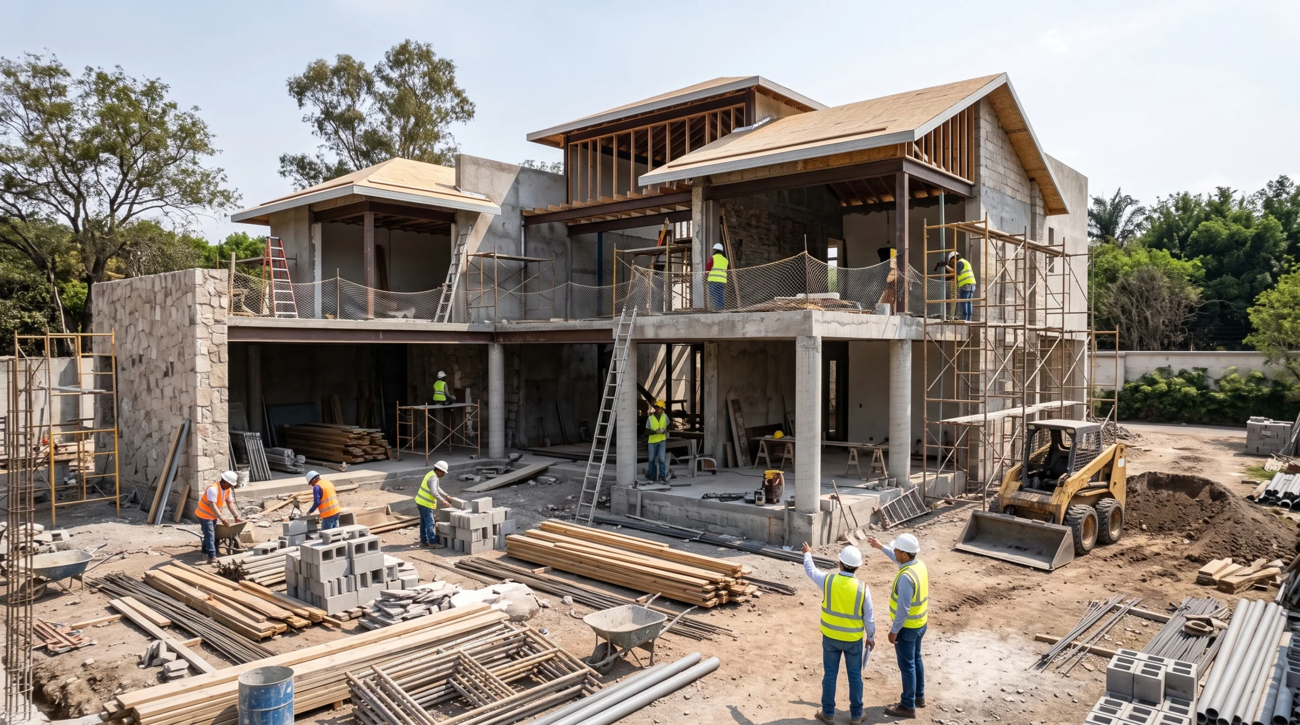 Vista de una escena de construcción activa en etapa temprana mostrando el entramado estructural multinivel de una residencia, con vigas de acero expuestas, cerchas de madera para el techo, columnas de concreto y trabajos de mampostería. Equipos de construcción navegan andamios, organizan materiales y operan maquinaria ligera, representando el dinamismo estructural y la coordinación logística de RBA Residences en Zapopan.