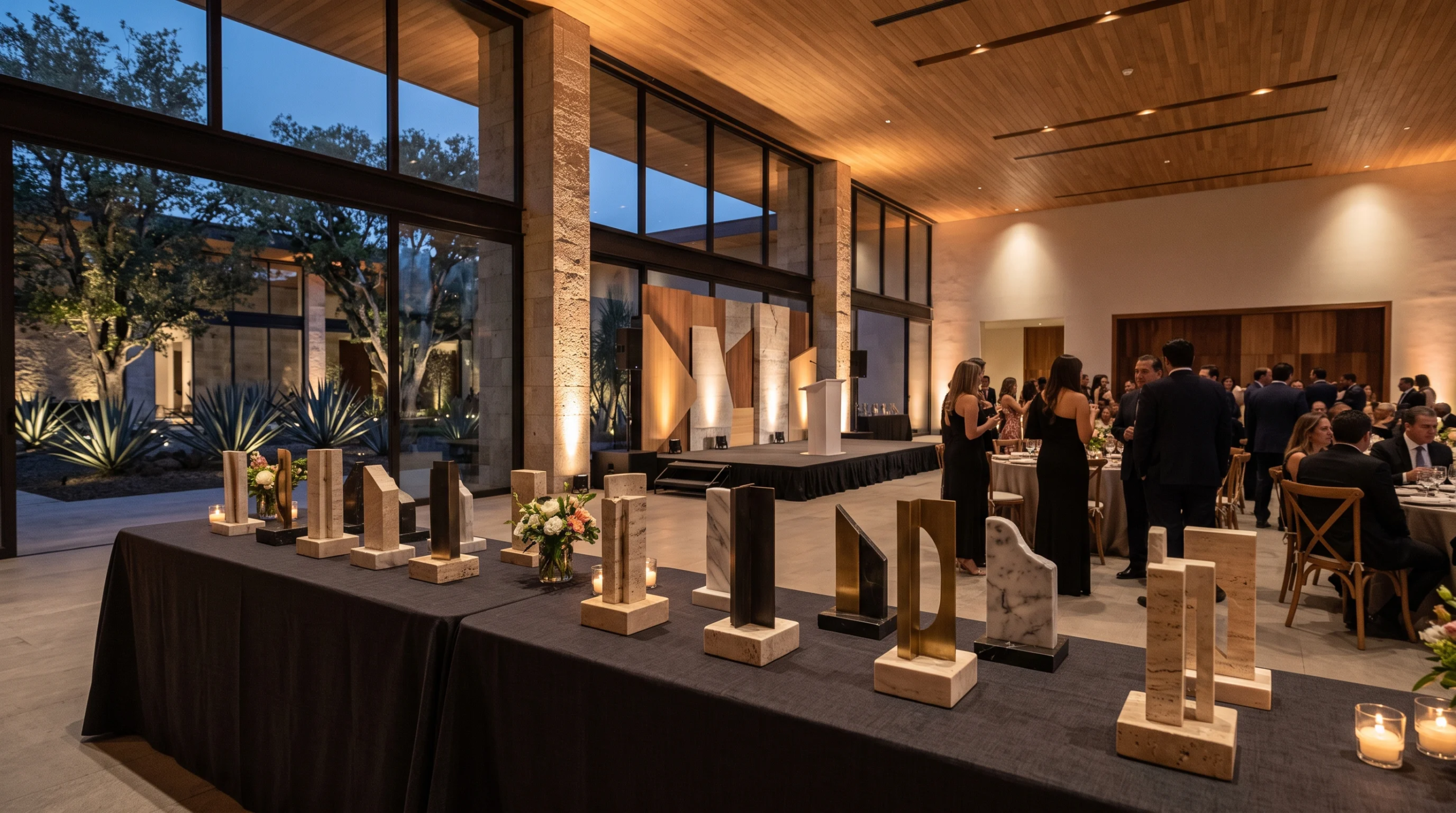 Vista de una gala de premios de arquitectura nocturna en el salón de doble altura de una residencia terminada, con invitados de etiqueta junto a un escenario. En primer plano, mesas exhiben trofeos de piedra y metal bajo luces lineales empotradas, pilares de piedra sillería, soffits de madera cálida y muros de cristal de piso a techo con vista a jardines iluminados, representando el prestigio y el reconocimiento arquitectónico de RBA Residences en Zapopan.