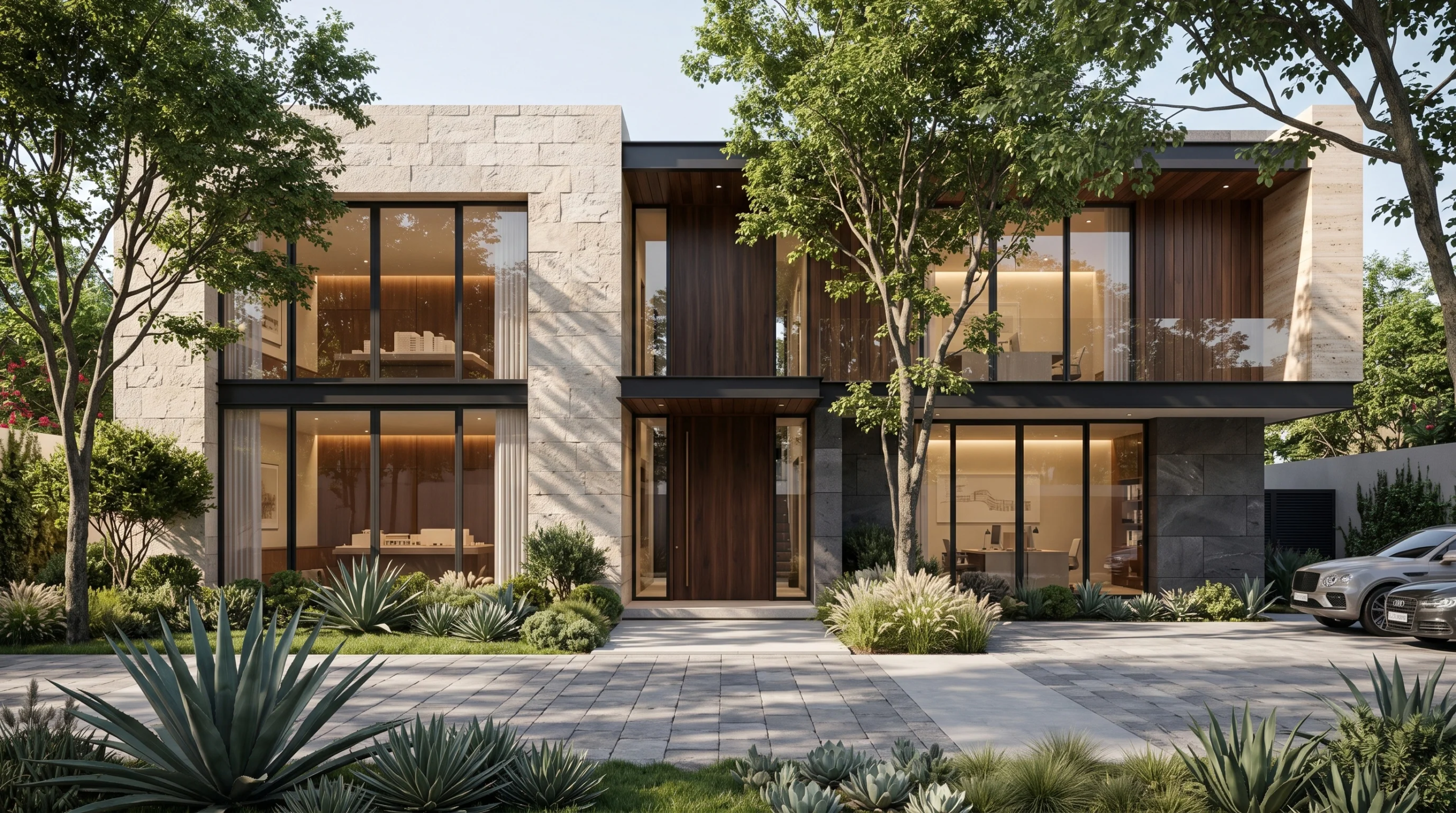 Vista exterior de una residencia de lujo terminada con revestimiento de piedra caliza rústica, lambrines verticales de nogal y cristal expansivo. Voladizos profundos con iluminación de sofito realzan su geometría horizontal, integrando jardinería nativa y pavimentos de piedra, representando la maestría compositiva y el diseño bioclimático de RBA Residences en Zapopan.