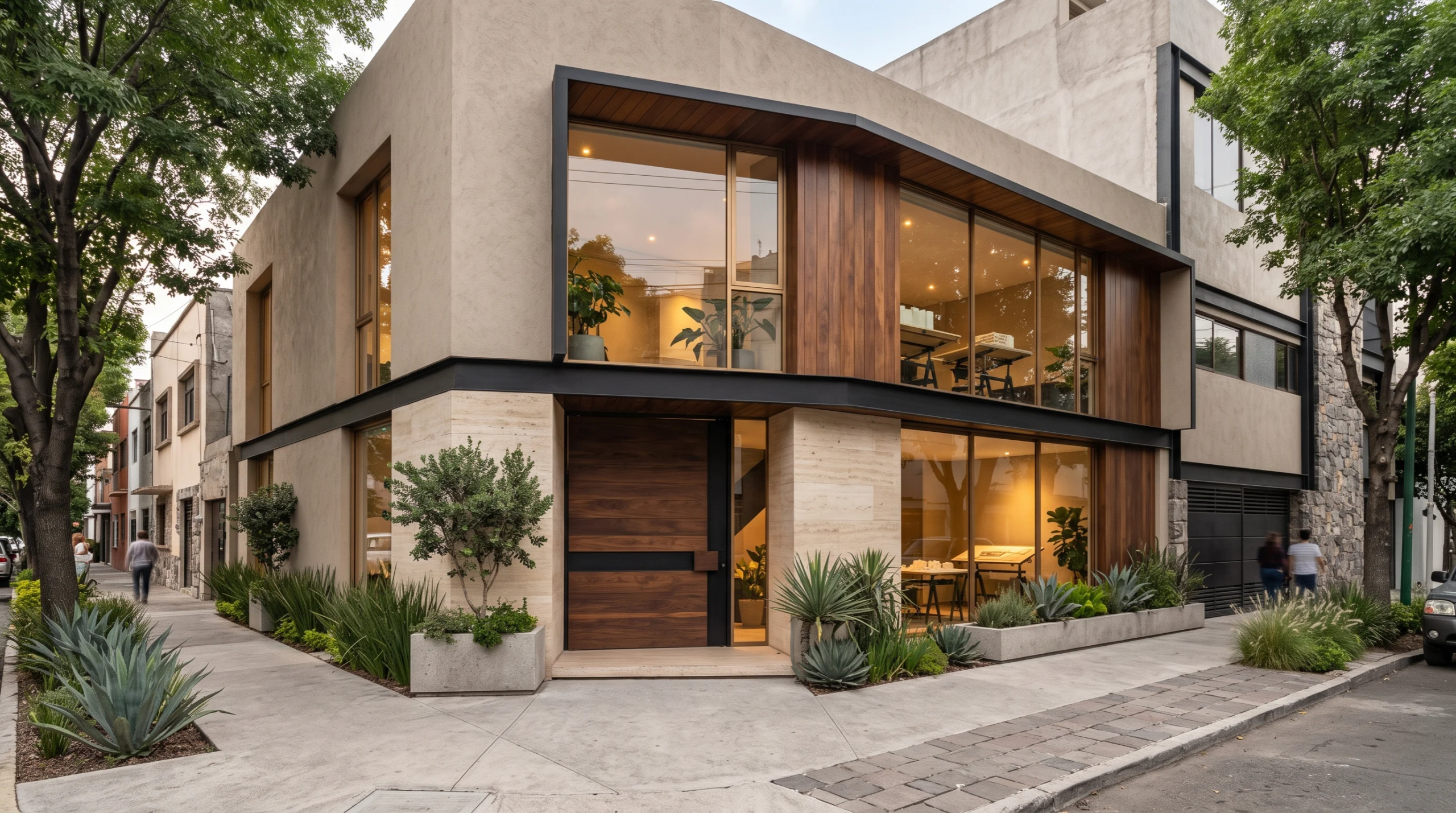 Vista de un edificio arquitectónico moderno con amplios ventanales de cristal, paneles de madera y acentos de piedra a lo largo de una acera urbana, representando la maestría en fachadas y la transición elegante de RBA Residences en Zapopan.