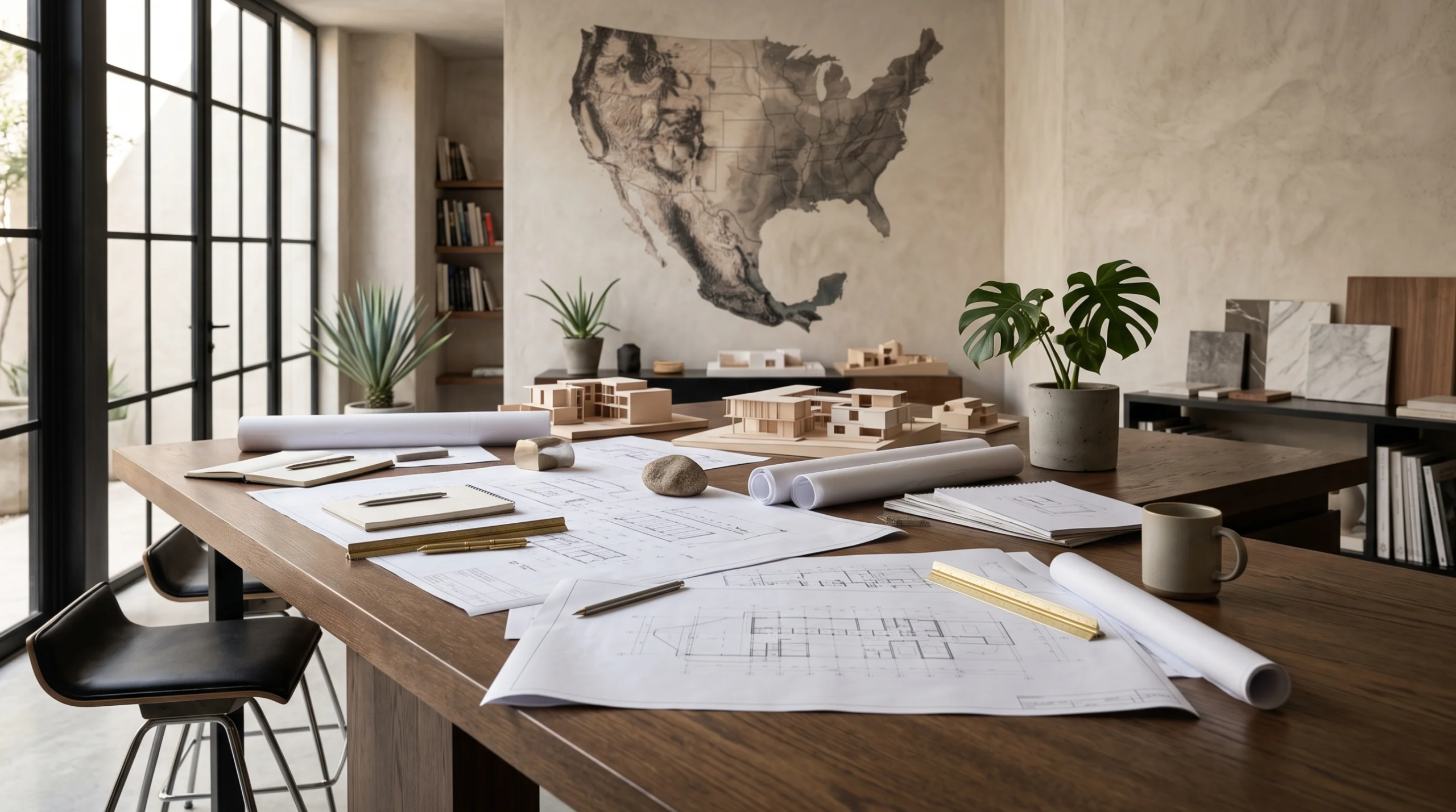 Vista de un espacio de trabajo en un estudio arquitectónico con grandes mesas de madera cubiertas de planos, maquetas arquitectónicas y herramientas de diseño, representando la génesis creativa y la fase de diseño meticuloso de RBA Residences en Zapopan.