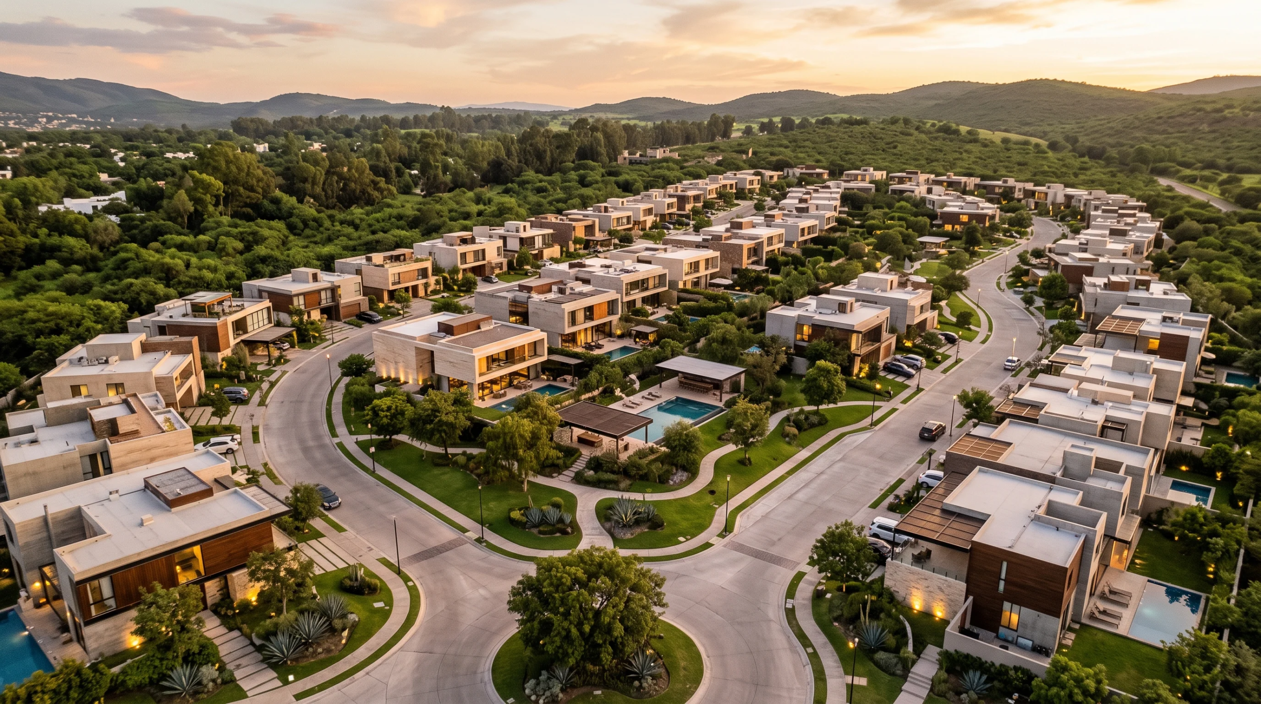 Vista aérea de una comunidad residencial de lujo planificada con casas modernas, paisajismo verde, caminos sinuosos y albercas, sobre colinas onduladas al atardecer, representando la curaduría de ecosistemas exclusivos y la visión integral de RBA Residences en Zapopan.