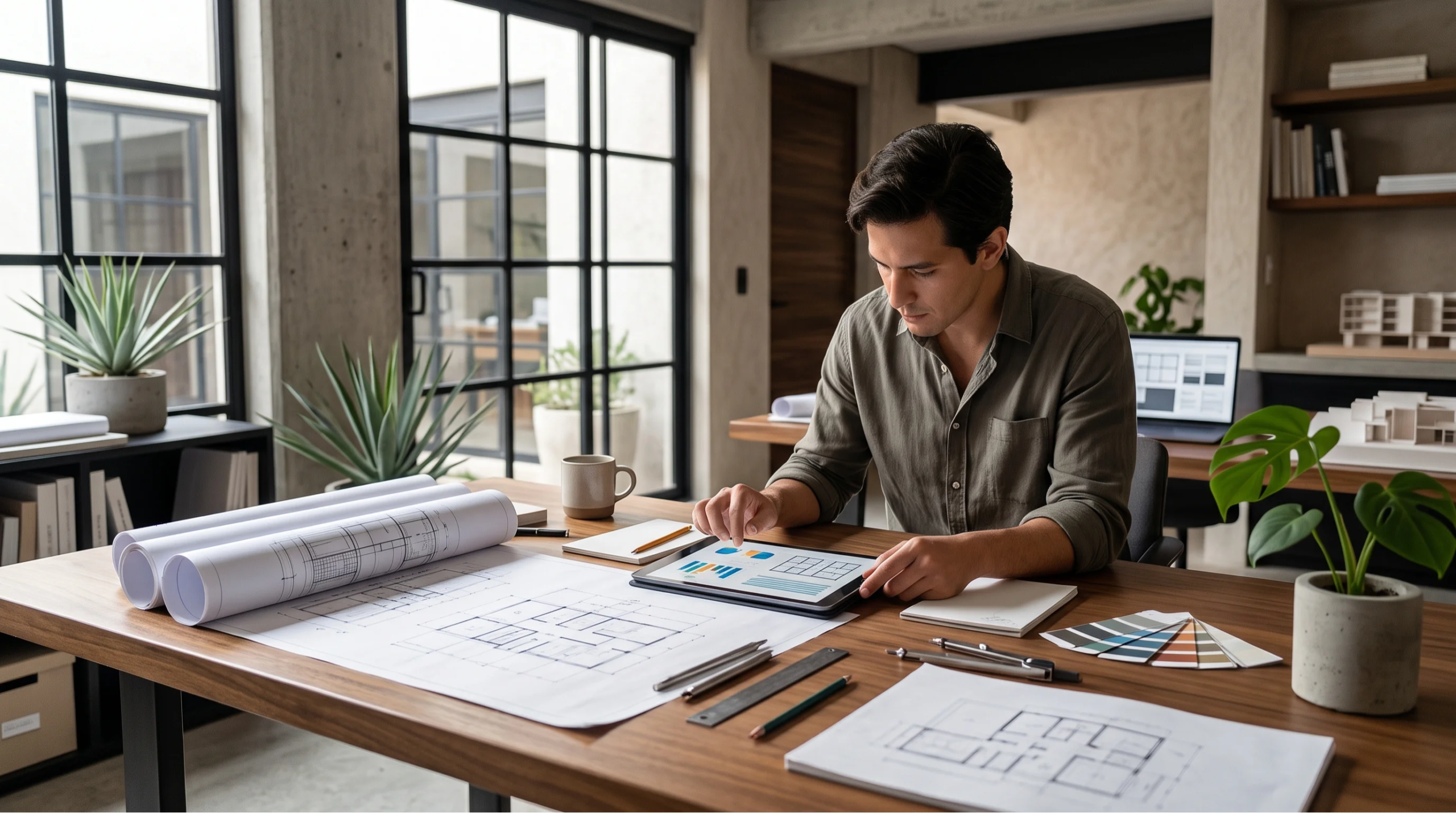 Vista de un arquitecto revisando planos de planta y datos financieros en una tableta sobre un escritorio de madera, rodeado de planos y herramientas de diseño, representando el control integral del proyecto y la síntesis de diseño y presupuesto de RBA Residences en Zapopan.