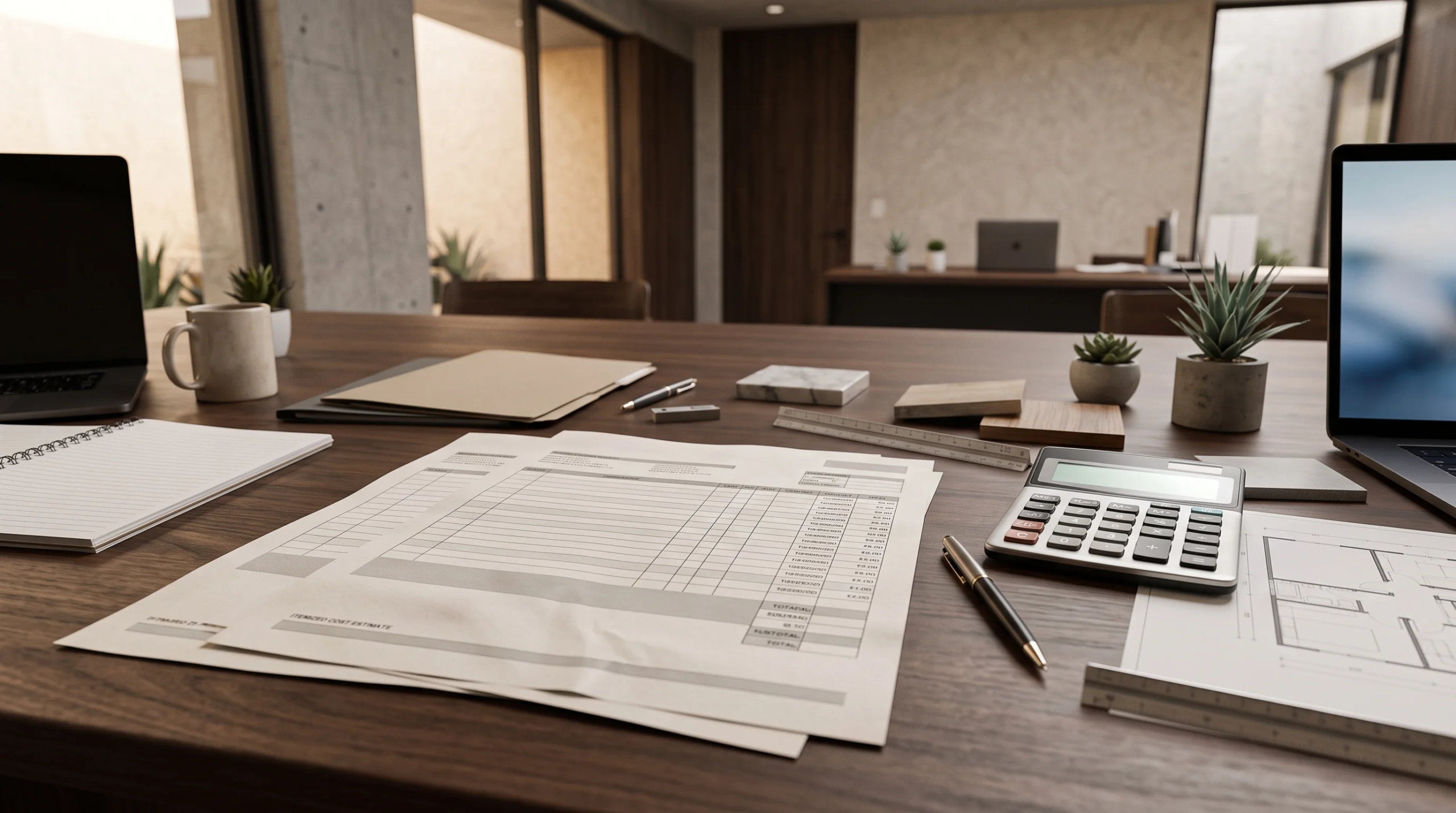 Vista de un escritorio de oficina con estimaciones financieras, calculadoras, planos arquitectónicos y laptops, representando la planificación financiera integral y la transparencia presupuestaria de RBA Residences en Zapopan.