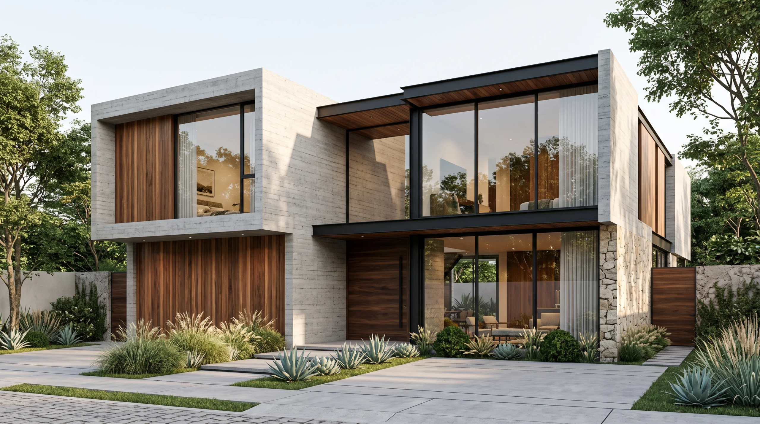 Vista de una casa de lujo moderna con concreto aparente, paneles de madera cálida, amplios ventanales de cristal y un estilo paisajístico exterior, representando la armonía material y la elegancia contemporánea de RBA Residences en Zapopan.