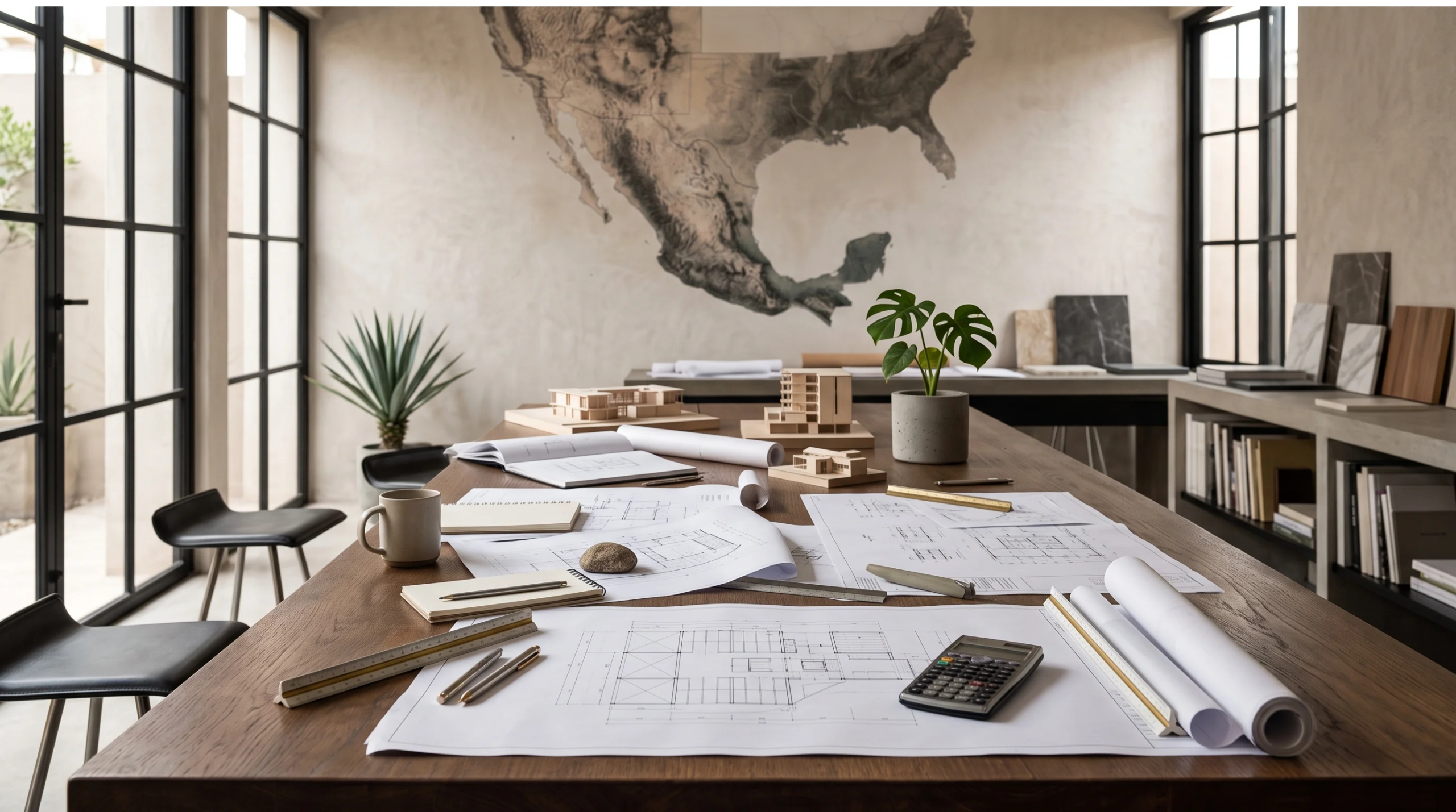 Vista de una mesa de madera cubierta con planos arquitectónicos, maquetas, reglas y una calculadora dentro de un estudio de diseño, representando la precisión en el dibujo técnico y la validación pre-constructiva de RBA Residences en Zapopan.
