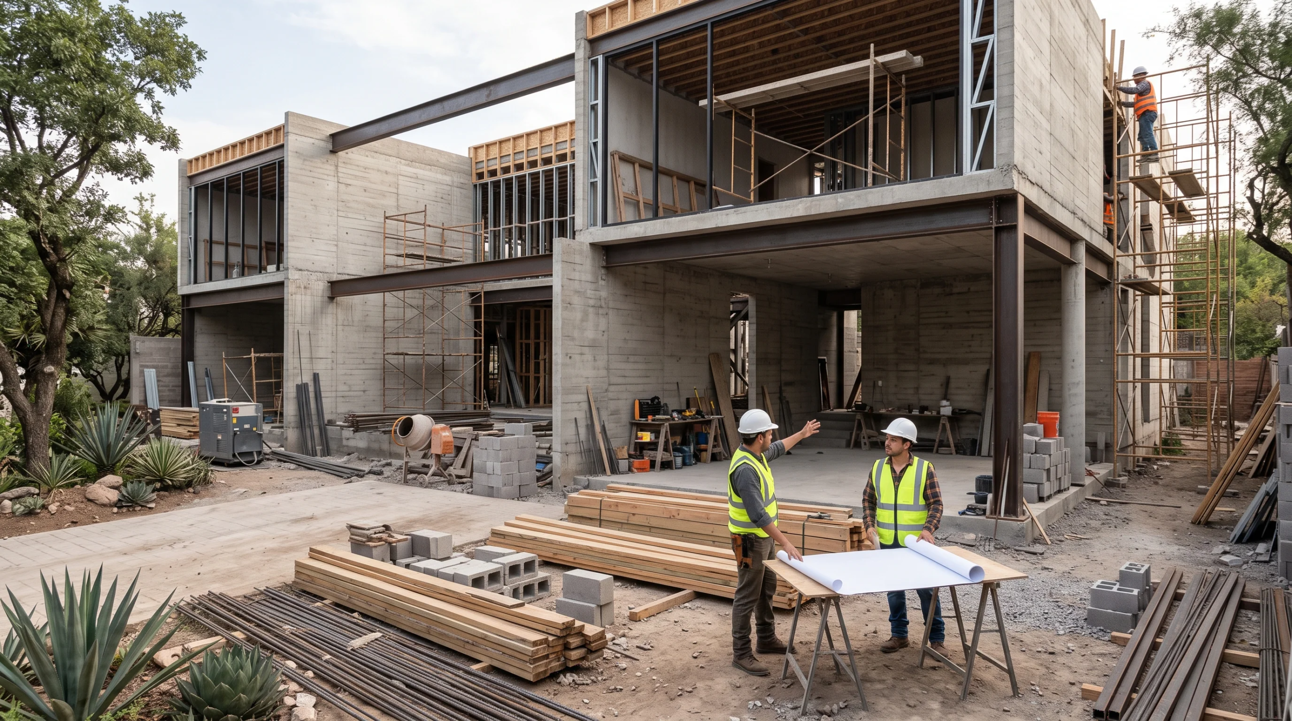 Vista de trabajadores revisando planos arquitectónicos en el sitio de construcción de un edificio residencial moderno de varios niveles, representando el control de calidad, el cumplimiento normativo y la supervisión experta de RBA Residences en Zapopan.