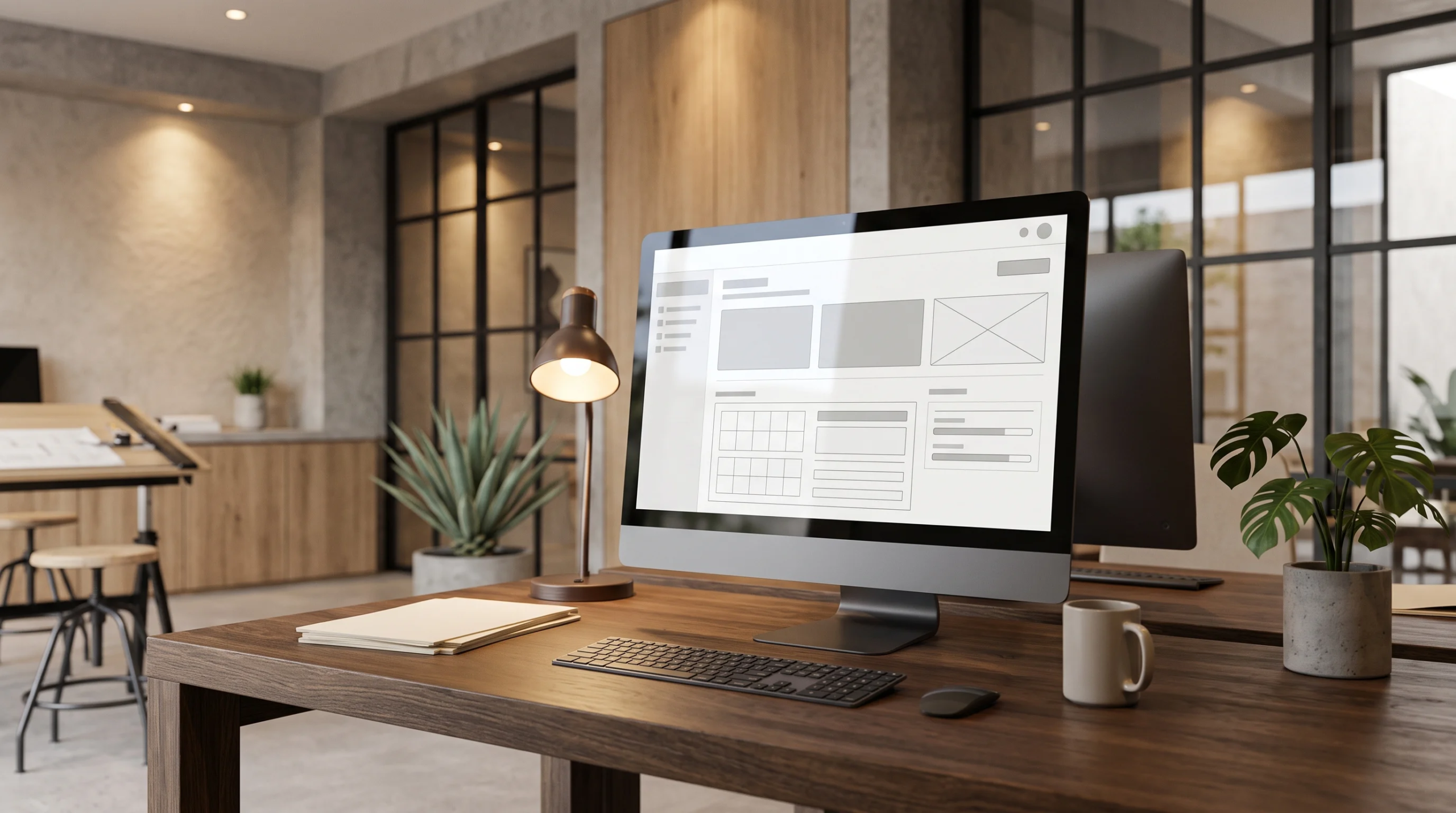 Vista de un monitor de computadora mostrando un diseño de interfaz web (wireframe) sobre un escritorio de madera en una oficina, representando la innovación digital y la experiencia de cliente en línea de RBA Residences en Zapopan.