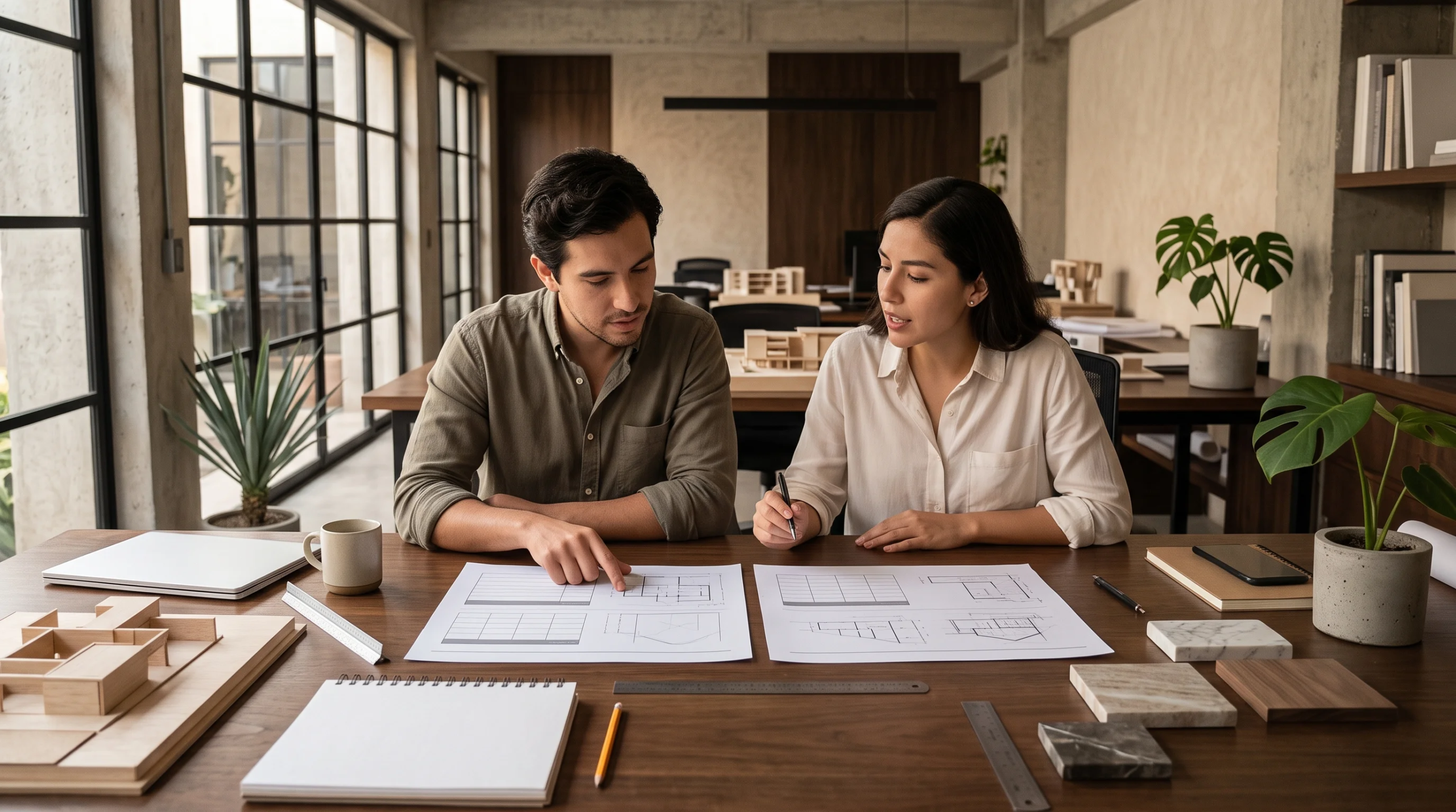 Vista de arquitectos revisando planos arquitectónicos y muestras de materiales en un escritorio de madera dentro de un estudio moderno, representando la refinación del diseño colaborativo y la validación táctil de acabados de RBA Residences en Zapopan.