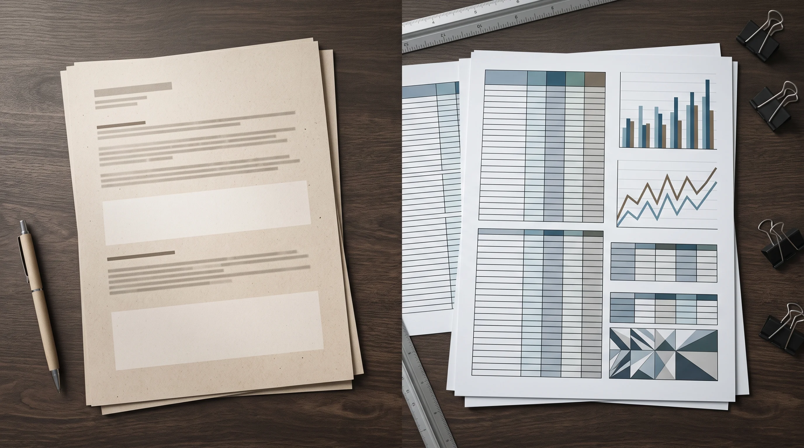 Vista de informes financieros con hojas de cálculo detalladas, gráficos de datos y documentos de texto sobre un escritorio de madera oscura, representando la inteligencia financiera, la proyección de plusvalía y la gestión patrimonial de RBA Residences en Zapopan.