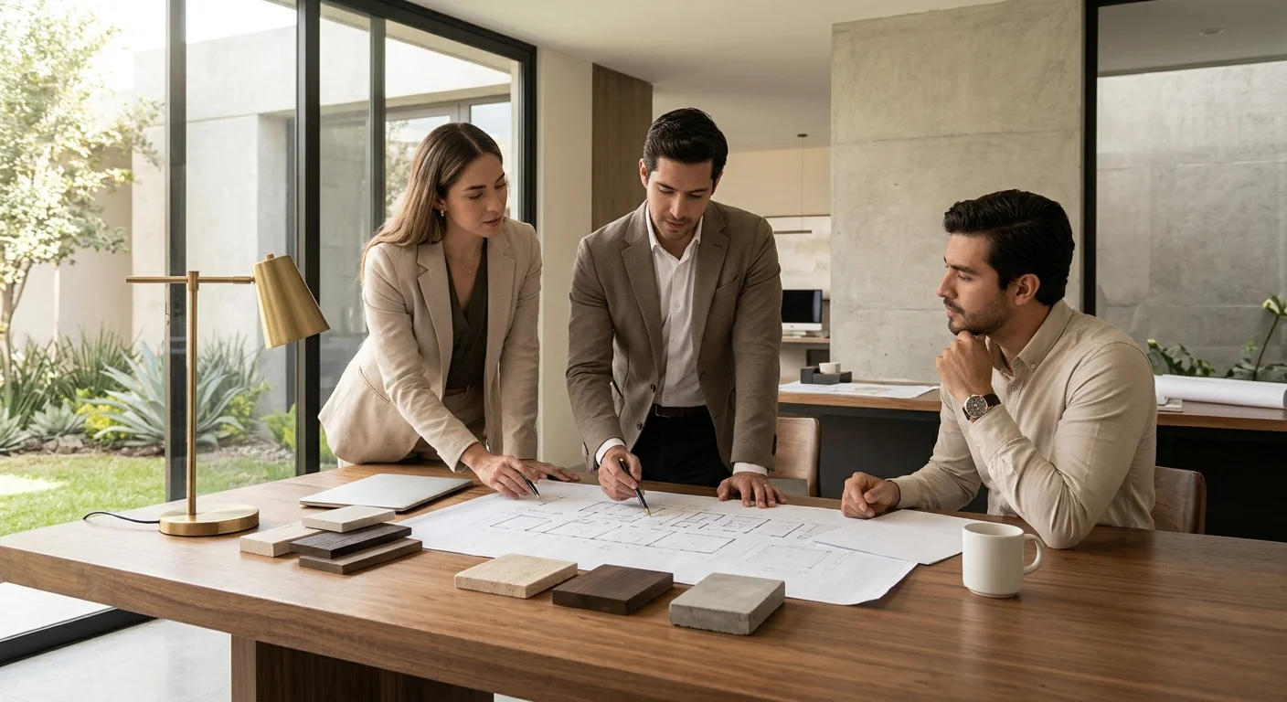 Vista de una consulta de diseño arquitectónico con planos de planta y muestras de acabados como travertino, madera oscura y bloques de concreto sobre una mesa de conferencias de madera maciza en una oficina moderna con vista a un patio ajardinado, representando la toma de decisiones táctil y la asesoría colaborativa de RBA Residences en Zapopan.