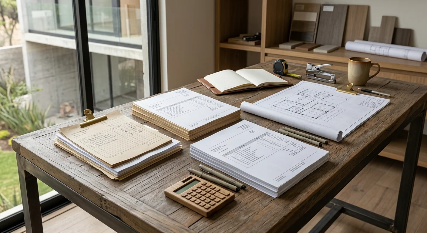 Vista de un escritorio de trabajo en estudio arquitectónico con pilas de documentos, facturas con clips de latón, planos de planta, plumas técnicas, calculadora de madera, cuaderno de cuero, cinta métrica y taza de café sobre una mesa de madera rústica, con estanterías de muestras de materiales, planos enrollados y puertas de vidrio hacia un patio, representando la orquestación artesanal del proyecto y la gestión detallada de RBA Residences en Zapopan.