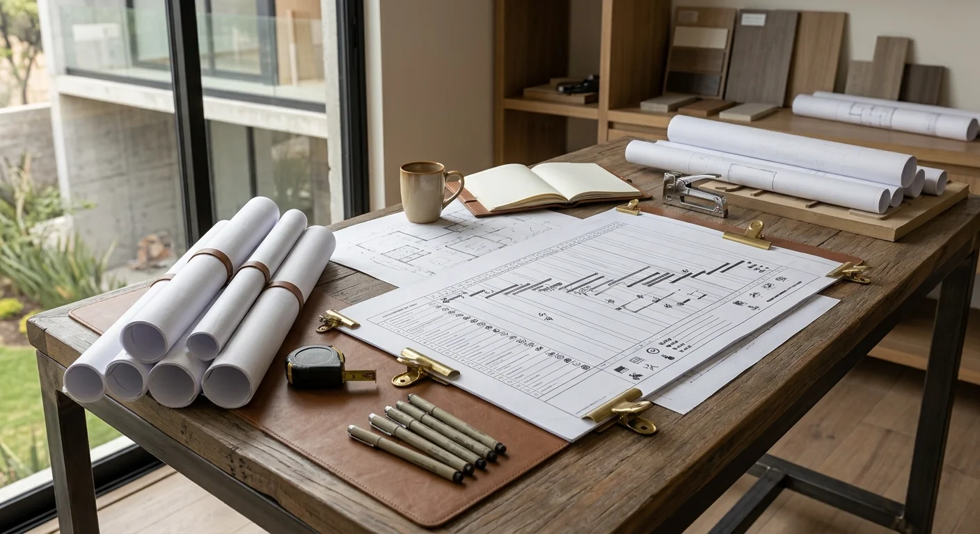 Vista de un escritorio de estudio arquitectónico con un cronograma de construcción detallado con clips de latón sobre un tapete de cuero, rollos de planos arquitectónicos atados con correas de cuero, plumas técnicas, cinta métrica, cuaderno abierto y taza de café sobre un escritorio de madera rústica y metal, con estanterías de muestras de materiales y planos enrollados con vista a un patio exterior, representando la precisión en los plazos y la gestión meticulosa de RBA Residences en Zapopan.