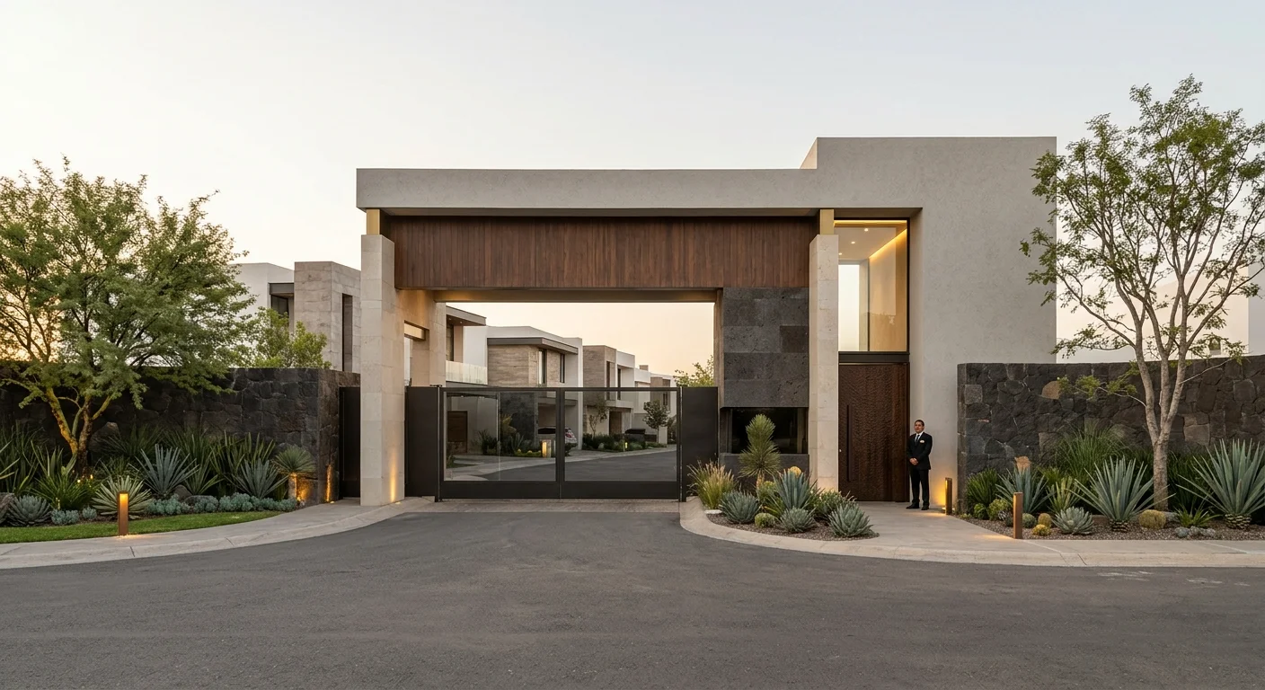 Vista de una entrada monumental moderna para un desarrollo residencial de lujo con portal de piedra caliza y basalto oscuro, viga de madera, portones de seguridad automatizados, caseta de vigilancia de vidrio de altura completa con un guardia de seguridad de traje formal, muros de piedra apilada y paisajismo desértico con agaves bajo un cielo crepuscular, representando la seguridad de élite y el acceso monumental de RBA Residences en Zapopan.