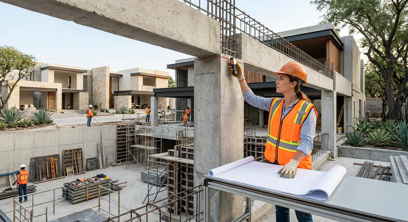 Vista de una supervisora de obra profesional con casco naranja y chaleco de seguridad, utilizando un medidor láser en un pilar de concreto encofrado en madera en un sitio de construcción residencial de lujo, con planos estructurales en una mesa temporal y villas modernas en construcción al fondo, representando el liderazgo técnico en campo y la precisión milimétrica de RBA Residences en Zapopan.