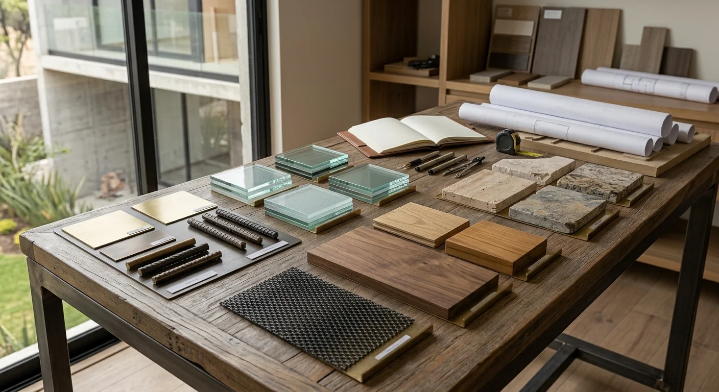 Vista de una mesa de taller de selección de materiales con una disposición organizada de muestras de lujo (nogal, roble, vidrio, travertino, granito, latón cepillado, varilla oscura y malla metálica), junto a planos, compás y cuaderno de cuero sobre una mesa rústica de madera y metal, representando la alquimia de materiales y la curaduría de paletas a medida de RBA Residences en Zapopan.