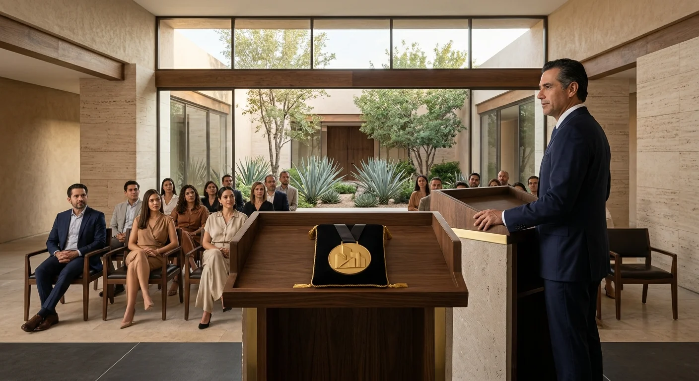 Vista de un orador ejecutivo en traje azul marino dirigiéndose a una audiencia en sillas de cuero desde un podio en un salón arquitectónico moderno, con una medalla de oro de premio arquitectónico sobre un cojín negro, muros de travertino, vigas de madera y ventanales hacia un patio interior con agaves y árboles, representando el reconocimiento de la industria y la excelencia galardonada de RBA Residences en Zapopan.