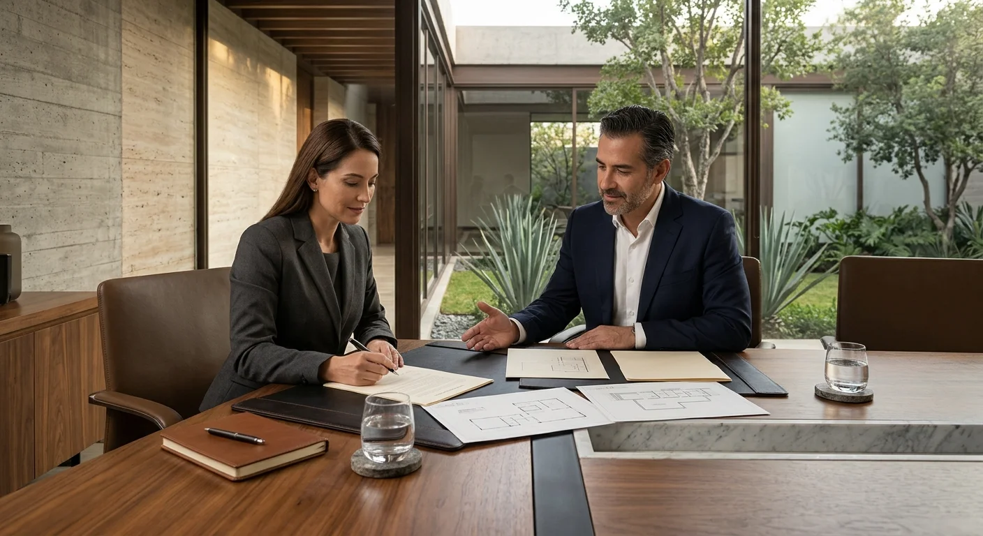 Vista de dos profesionales en traje ejecutivo revisando documentos y planos arquitectónicos sobre una mesa ejecutiva de nogal y mármol, con una ejecutiva firmando un contrato y un arquitecto señalando los planos, rodeados de carpetas de cuero, cuadernos y vasos sobre posavasos de piedra, con techos de listones de madera, concreto encofrado, muros de travertino y ventanales hacia un patio interior con agaves y árboles, representando la formalización de la confianza y el compromiso de excelencia de RBA Residences en Zapopan.