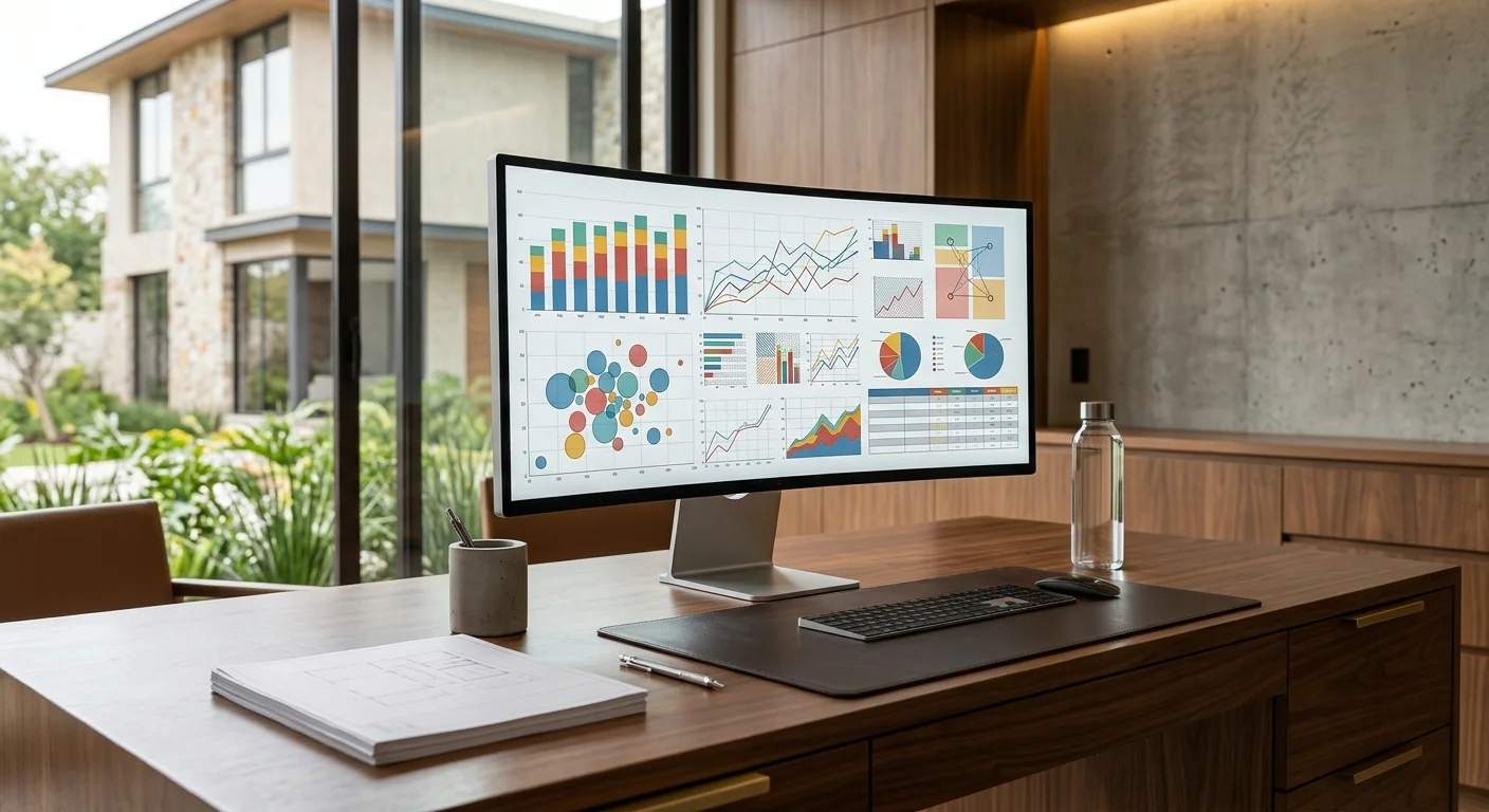 Vista de un escritorio ejecutivo de nogal con monitor curvo mostrando gráficos financieros, tablas de datos y planos arquitectónicos, junto a teclado inalámbrico, botella de vidrio y tapete de cuero, con puertas de vidrio hacia un patio verde y arquitectura residencial moderna, representando la visión financiera estratégica y la claridad de inversión de RBA Residences en Zapopan.