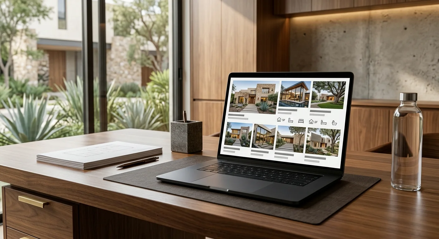 Vista de una laptop abierta sobre un escritorio ejecutivo de nogal mostrando un portafolio inmobiliario de lujo con miniaturas y especificaciones, junto a planos apilados, portaplumas de piedra y botella de vidrio, con gabinetes de nogal, iluminación indirecta, acentos de concreto liso y puertas de vidrio hacia un paisaje desértico con agaves y una villa de piedra moderna, representando la curaduría de portafolio y la materialización de la visión de RBA Residences en Zapopan.