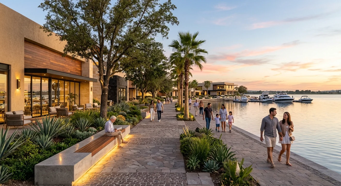 Vista de un malecón de lujo frente al agua al atardecer, con camellones de piedra, palmeras, agaves, bancos de concreto con iluminación y villas modernas de madera y vidrio, con yates de lujo en una marina cercana y personas paseando, representando el estilo de vida costero exclusivo y la integración comunitaria de RBA Residences en Zapopan.