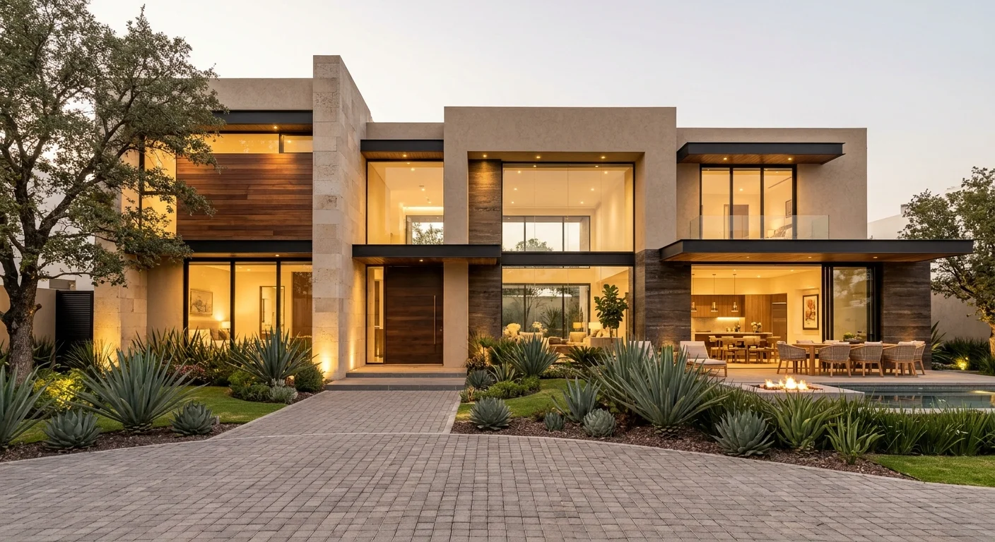 Vista de una villa moderna de lujo de dos niveles con acabado de estuco beige, acentos de piedra basalto oscuro, paneles de madera horizontal y puerta principal de madera oscura, con ventanales de doble altura, balcón en voladizo, terraza interior-exterior hacia una alberca con fogata, y camino de piedra con jardín desértico de agaves e iluminación cálida, representando la continuidad arquitectónica y la transición fluida de RBA Residences en Zapopan.